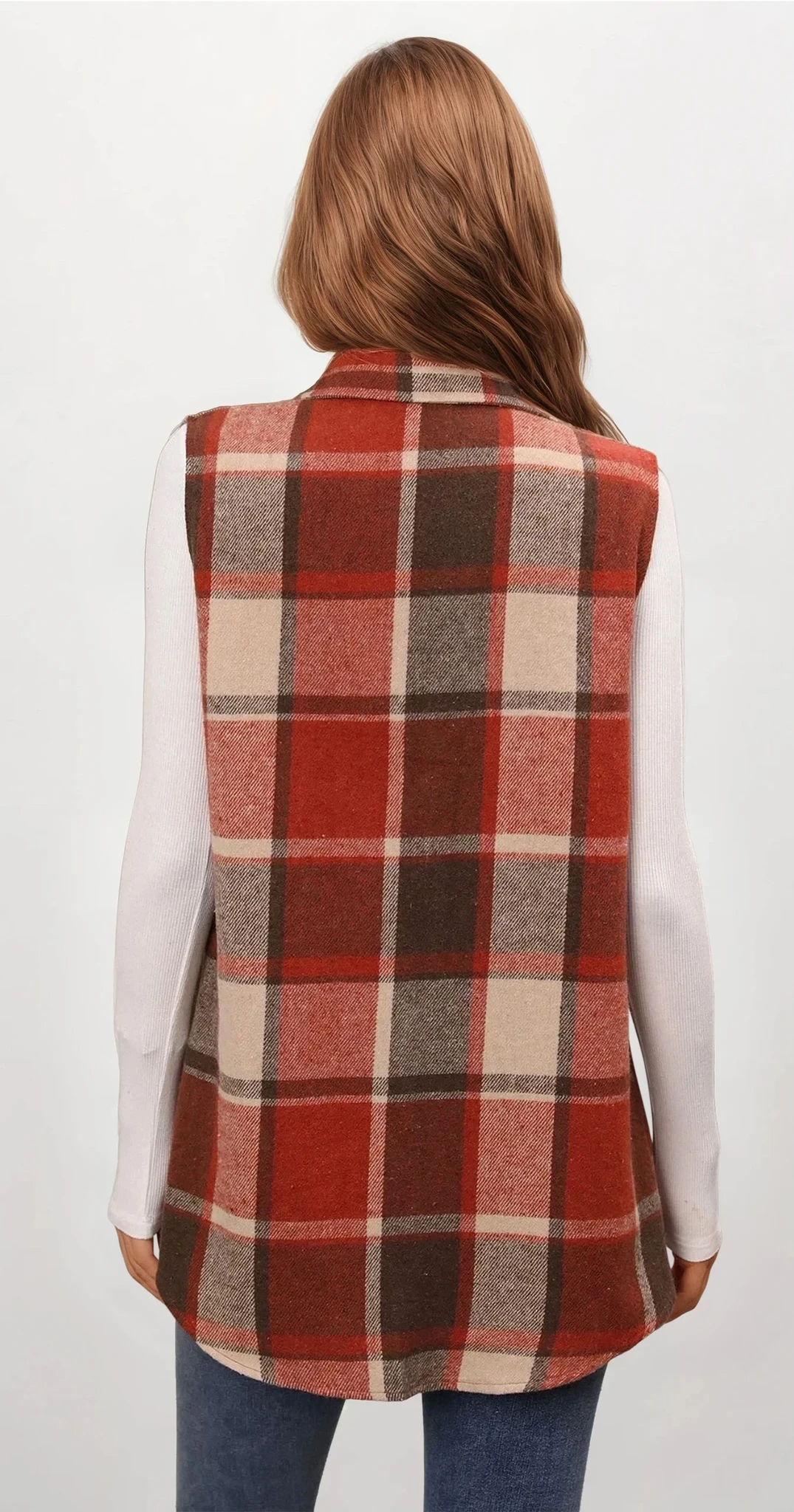 Plaid button-up vest coat with sleeveless design and lightweight fabric
