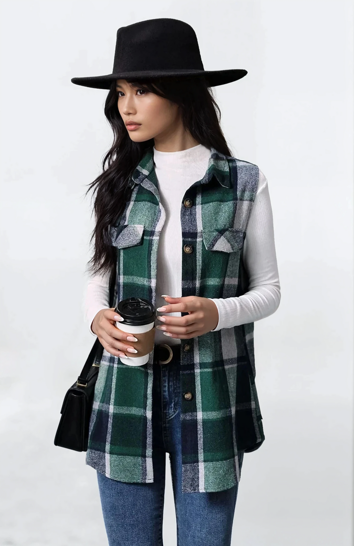 Plaid button-up vest coat with sleeveless design and lightweight material