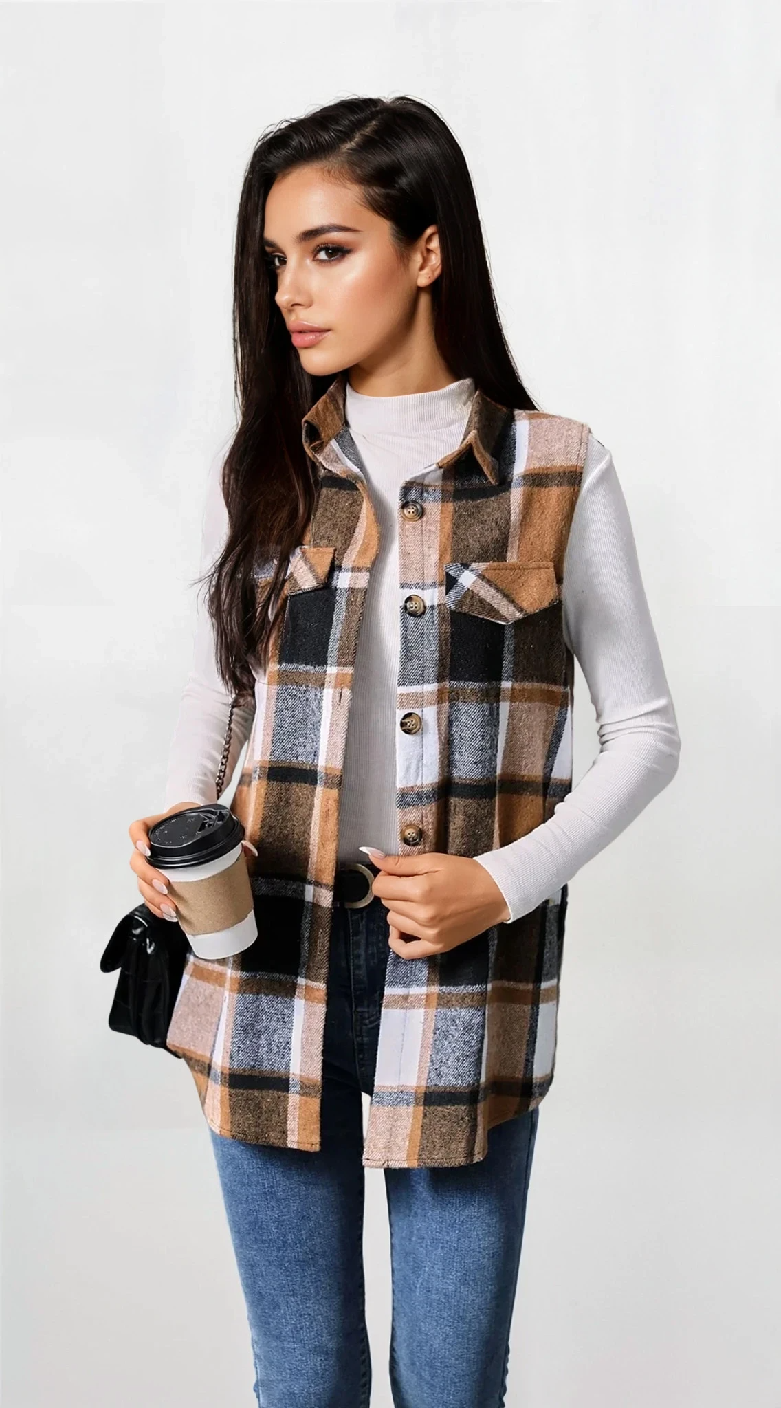 Plaid button-up vest coat with sleeveless design and lightweight material