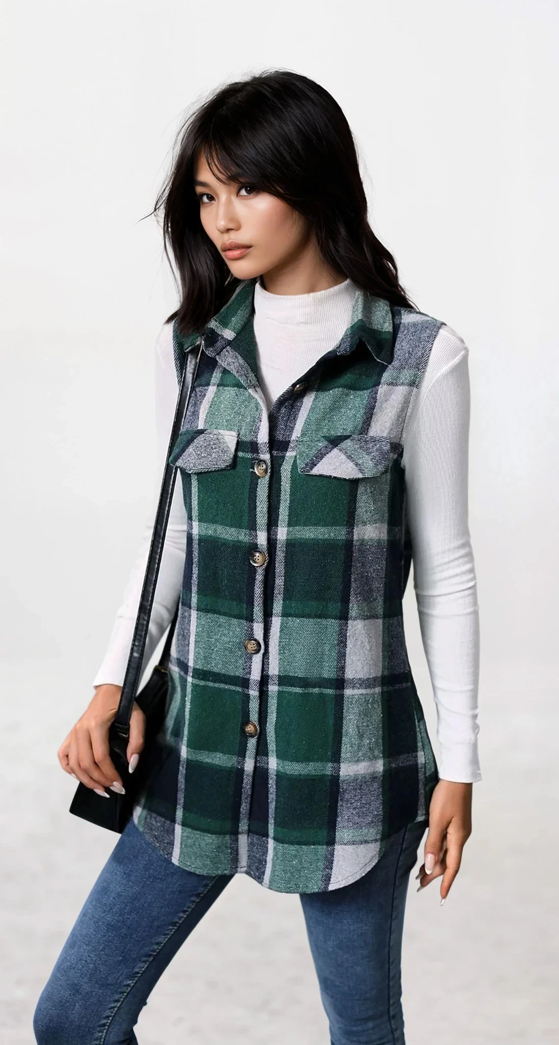 Plaid button-up vest coat with sleeveless design and classic pattern
