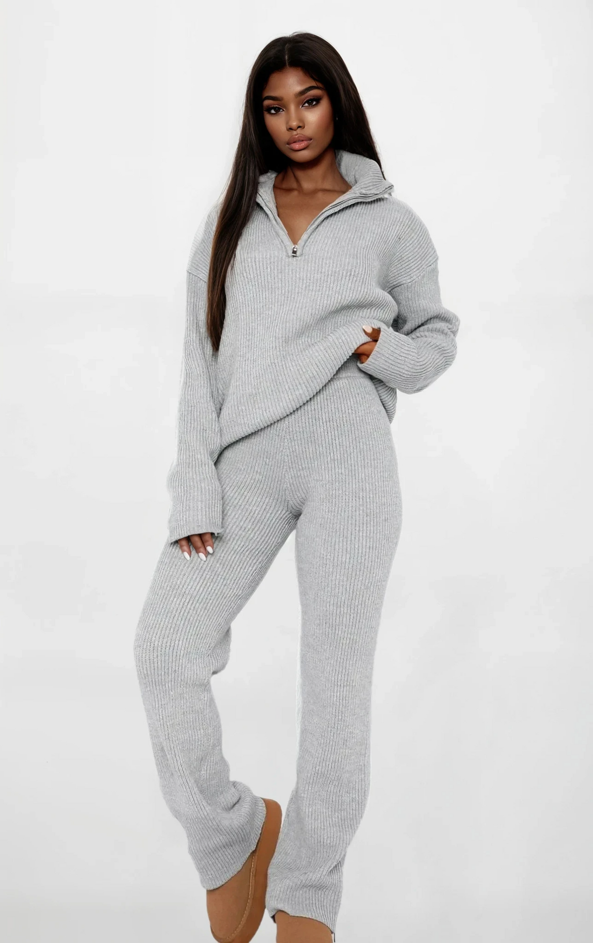 Plush Quarter Zip Long Sleeve Top and Pant Set with ribbed texture