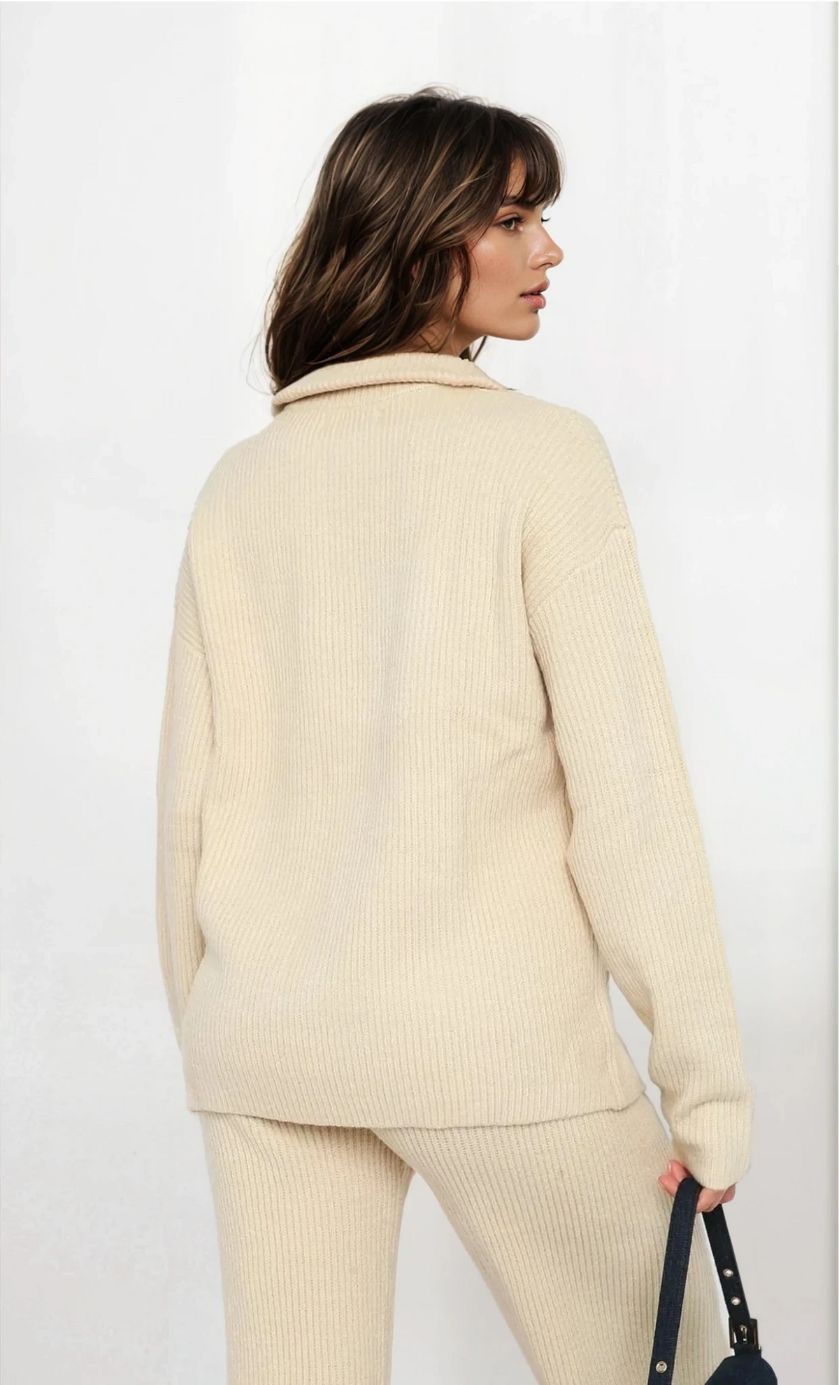 Plush Quarter Zip Long Sleeve Top and Pant Set with ribbed texture