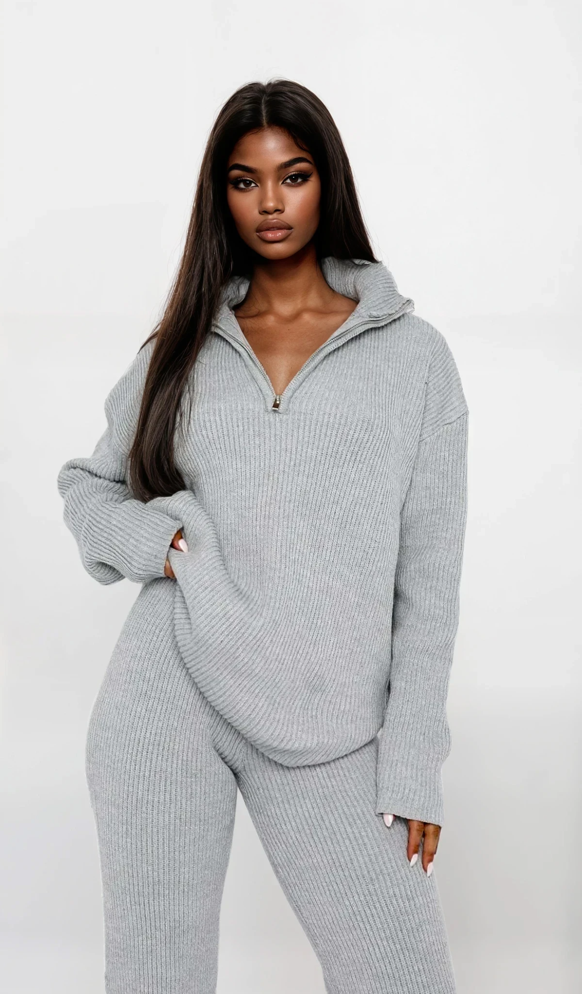 Plush Quarter Zip Long Sleeve Top and Pants Set with ribbed texture