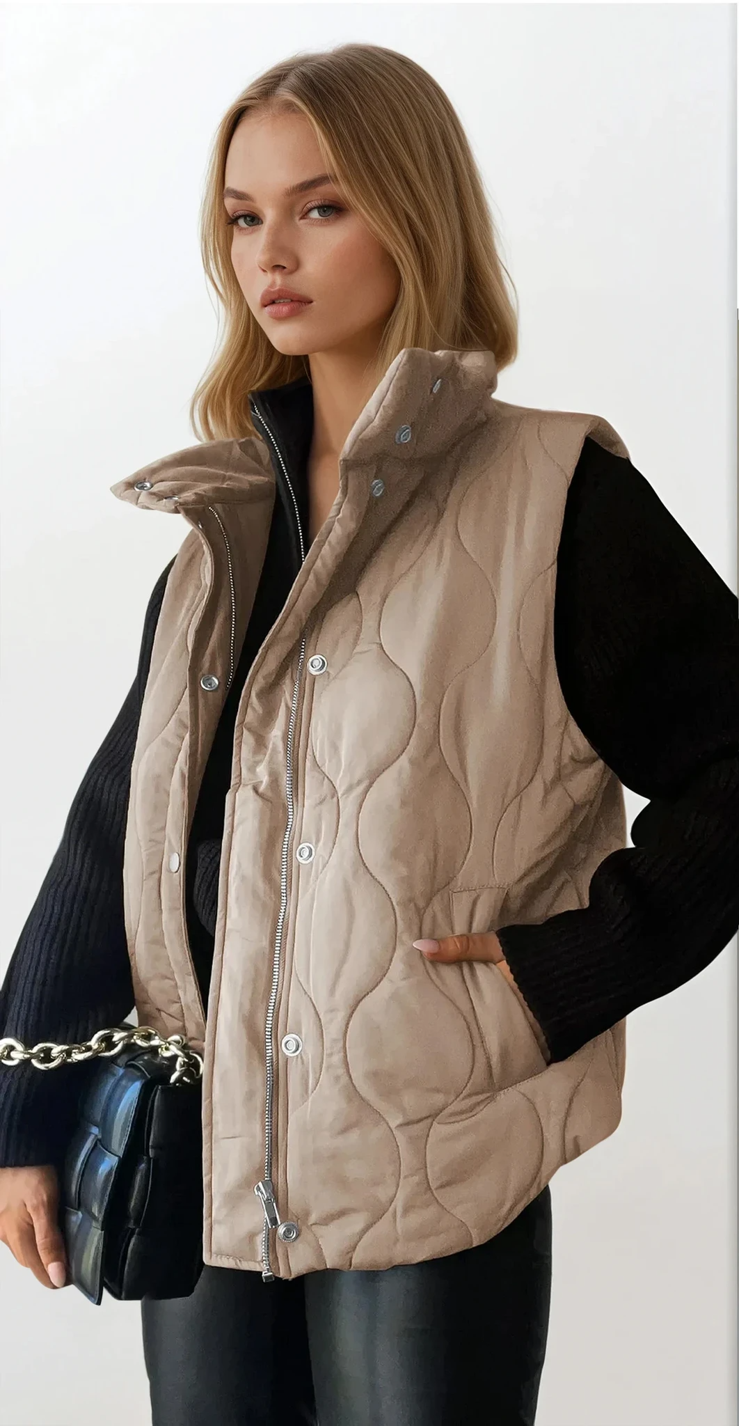 quilted collared neck vest with sleeveless design and pockets