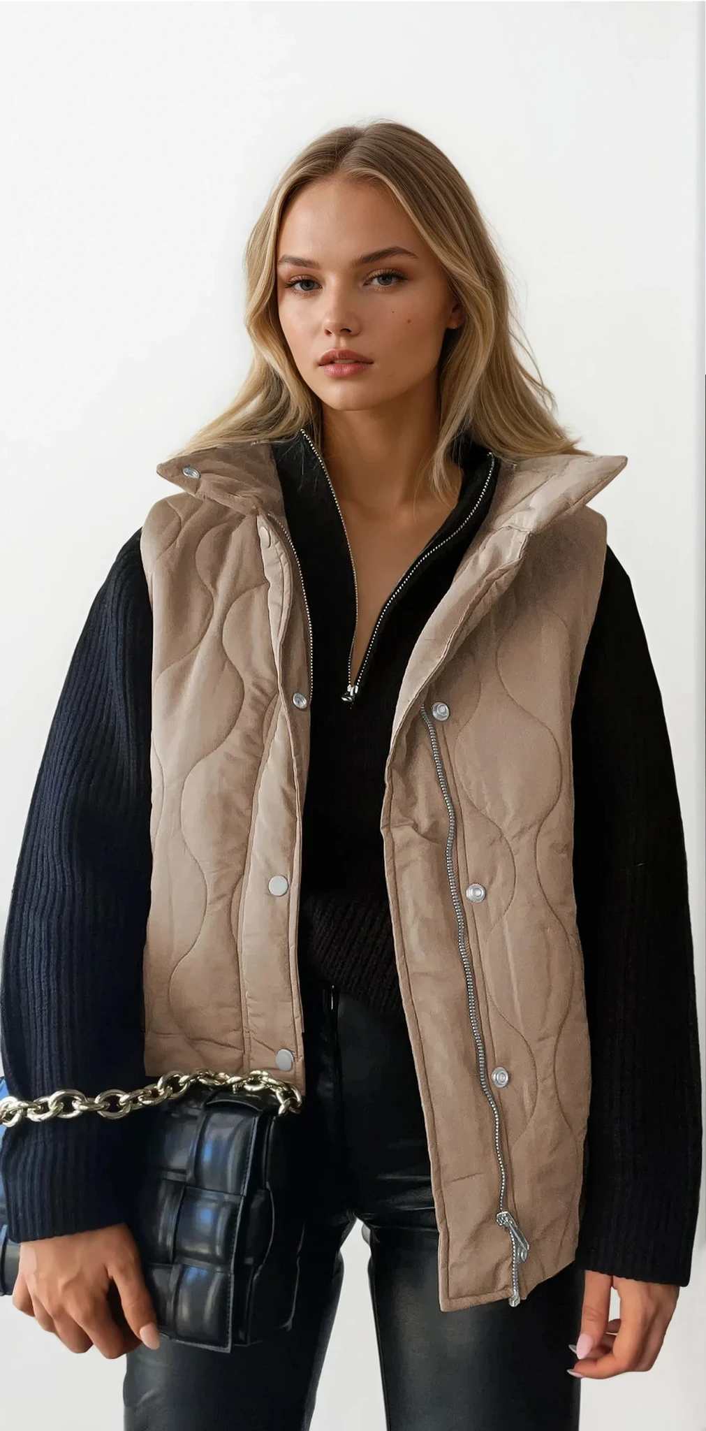 Quilted collared neck vest with sleeveless design and pockets