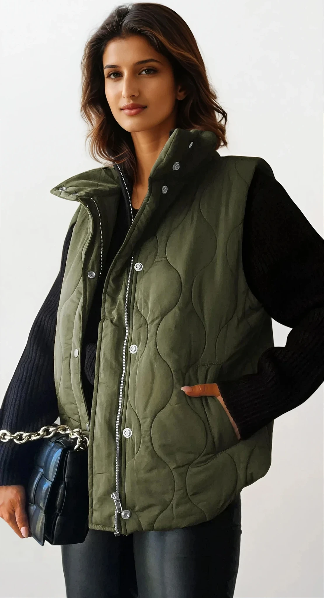 Quilted texture collared neck sleeveless vest with pockets
