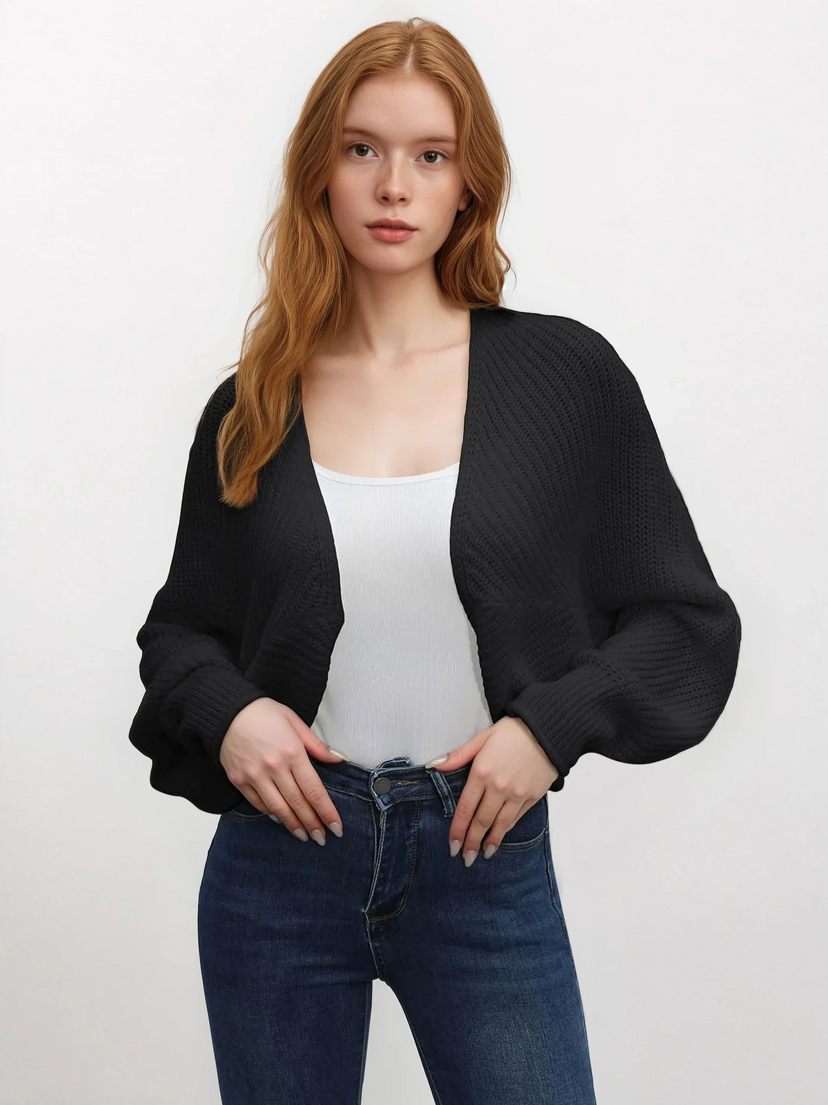 Reset open front cropped dolman sleeve cardigan in solid color