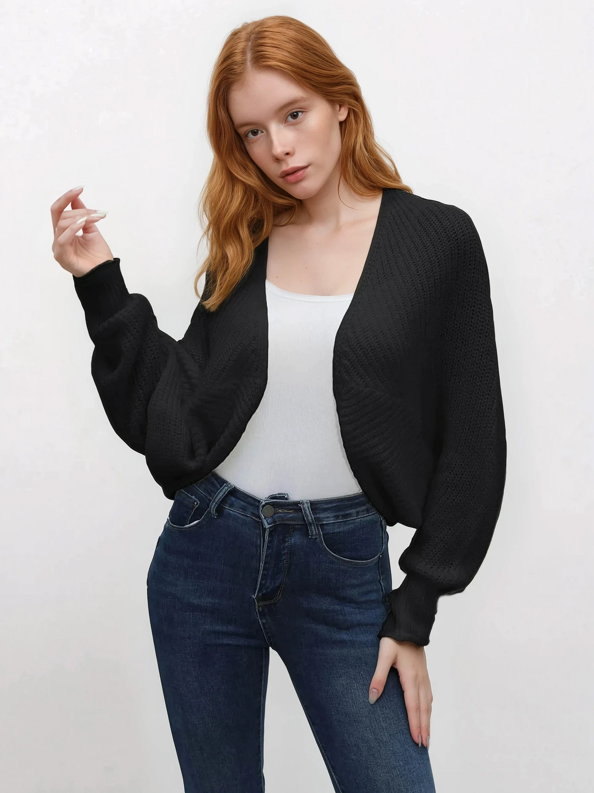 Reset open front cropped dolman sleeve cardigan in solid color