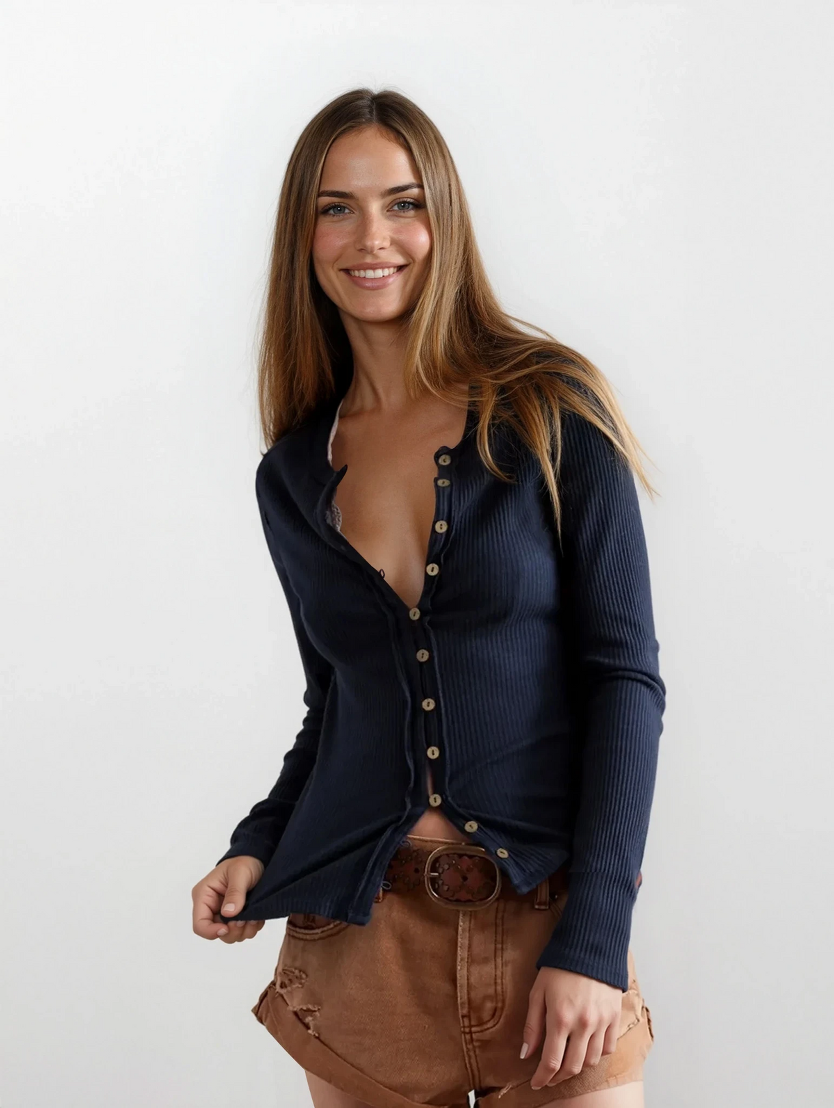 Retro rib-knit long sleeve button-down top with round neck