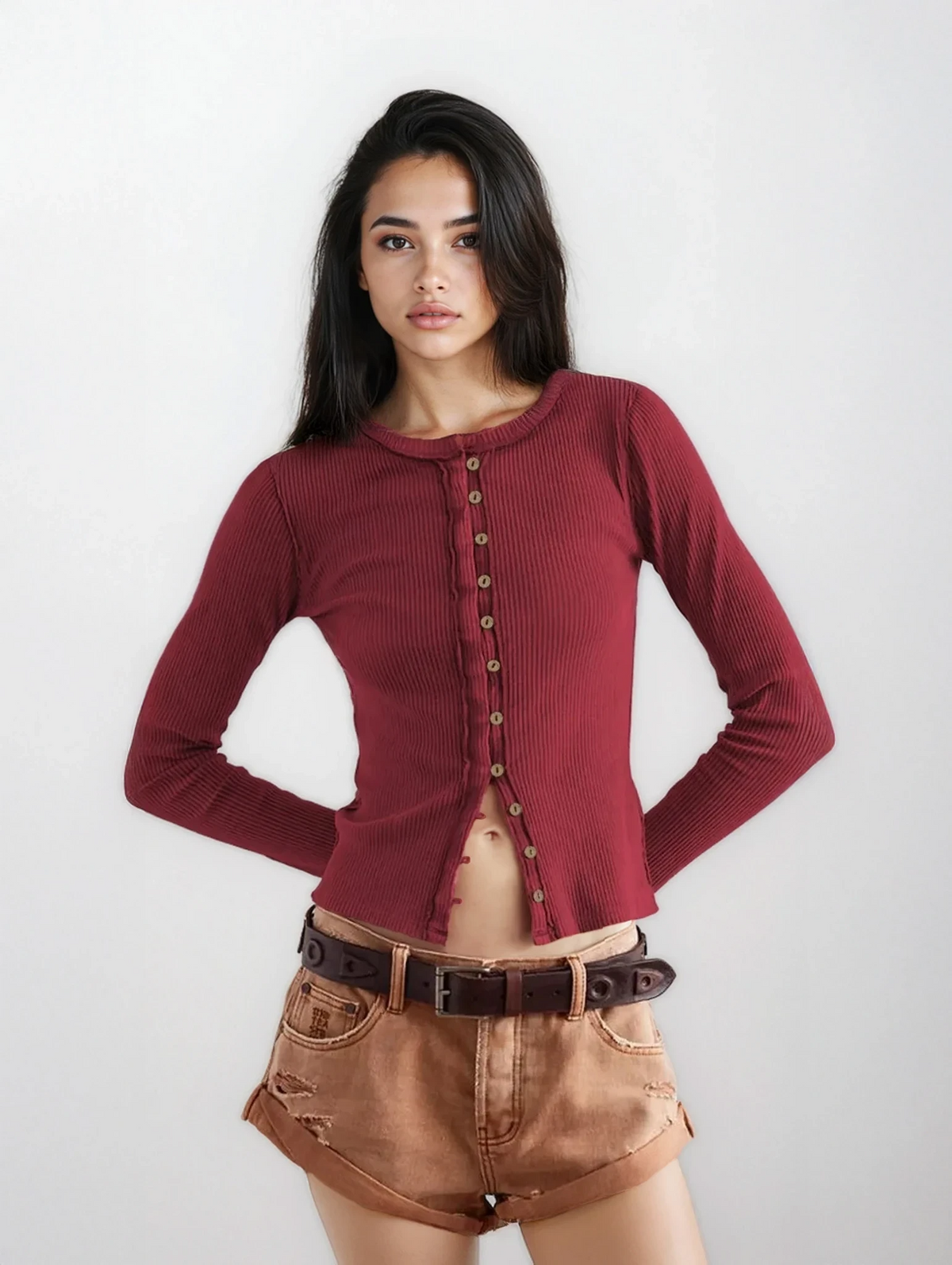 Retro rib-knit long sleeve round neck button-down shirt