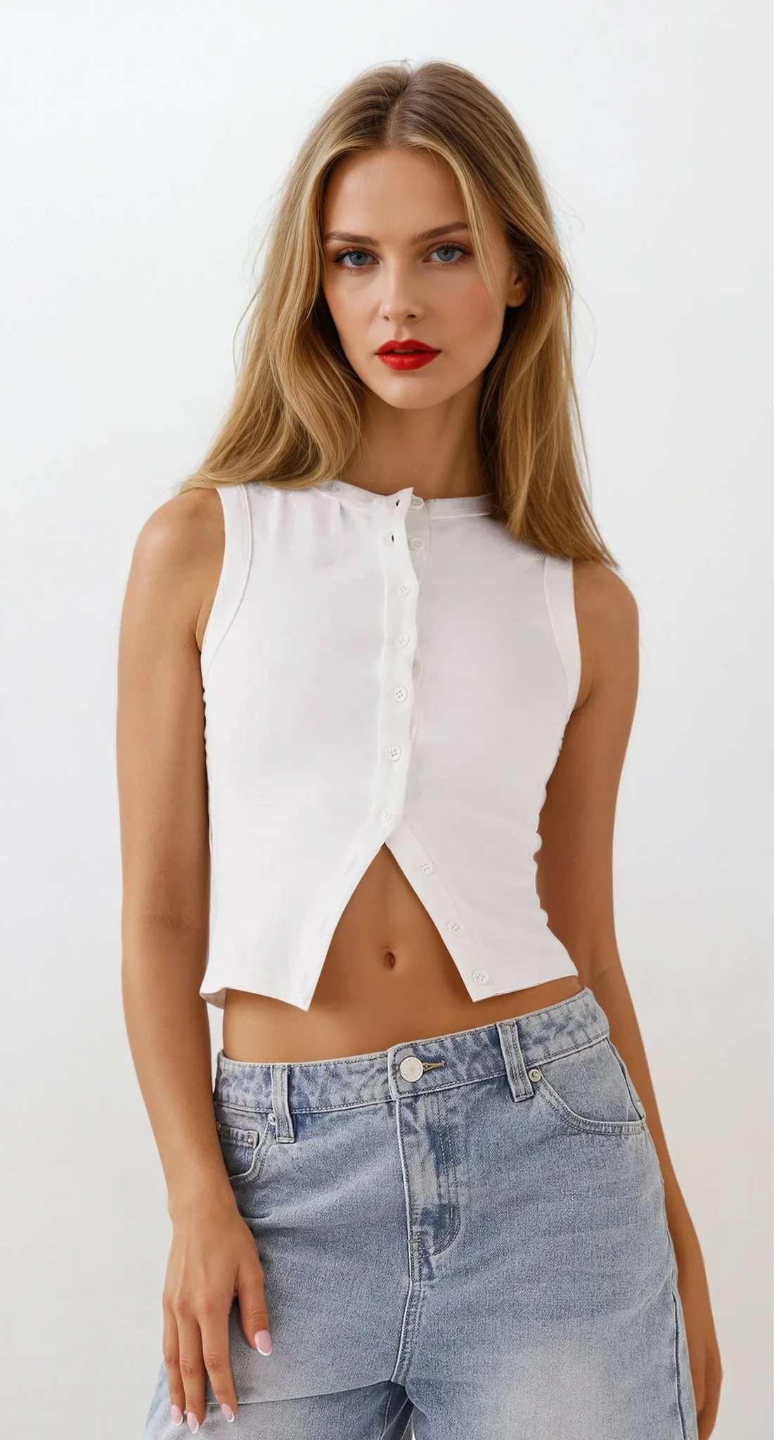 rib-knit round neck button-up sleeveless tank top