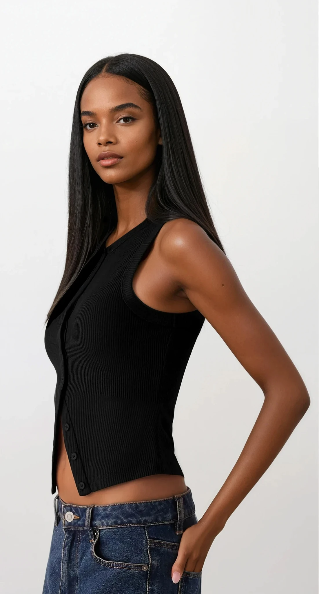 rib-knit round neck button-up sleeveless tank top