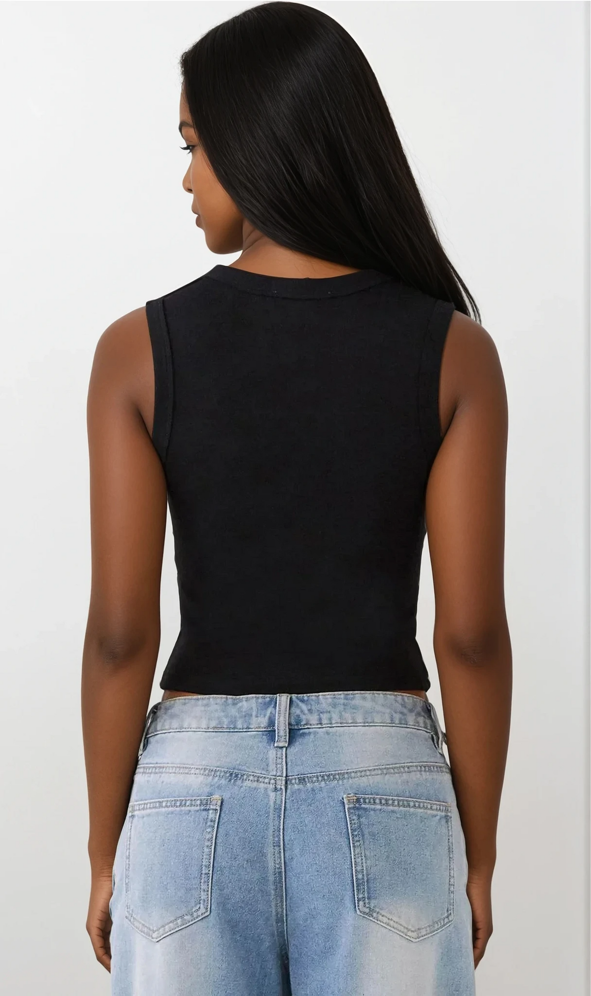 Sleeveless rib-knit round neck button-up tank top