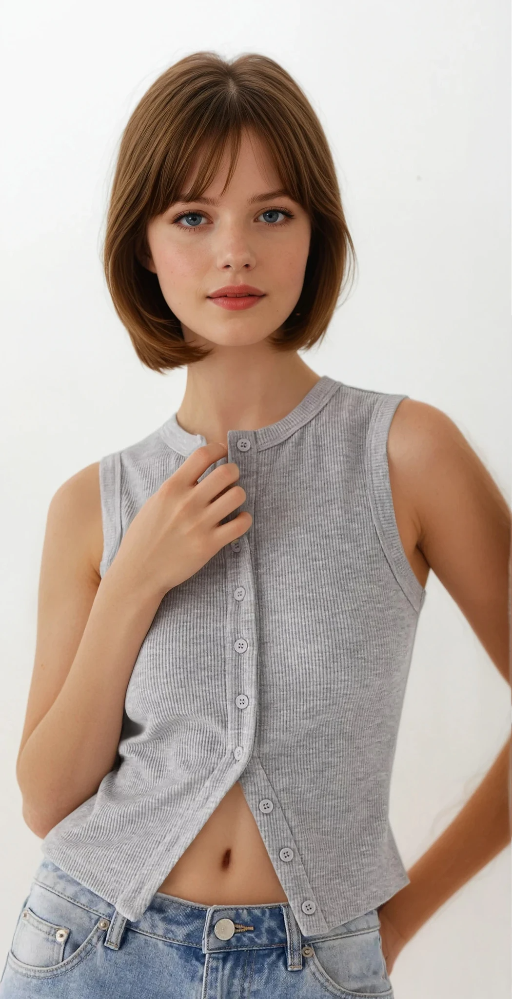 Rib-knit round neck sleeveless button-up tank top in solid color