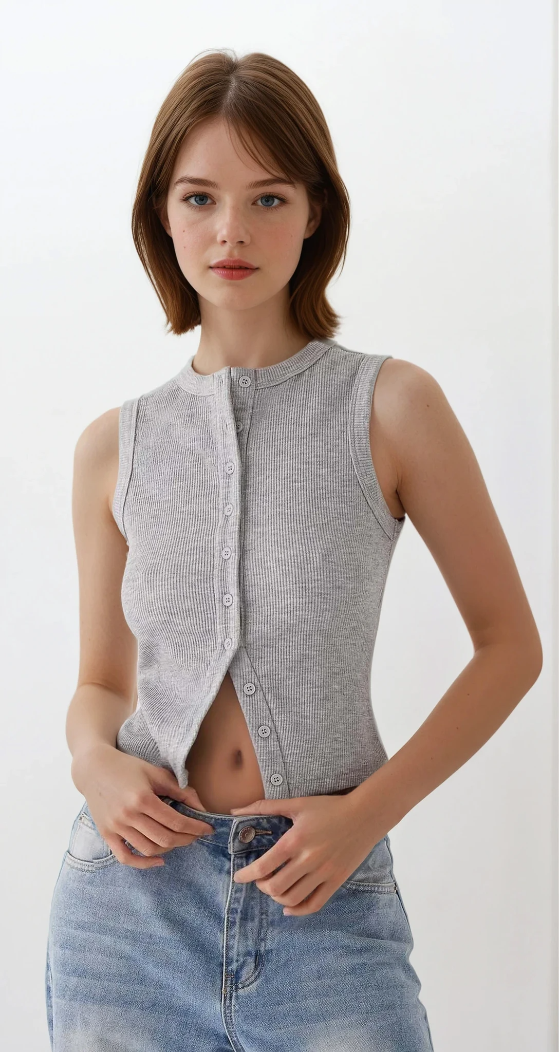 rib-knit round neck sleeveless button-up tank top