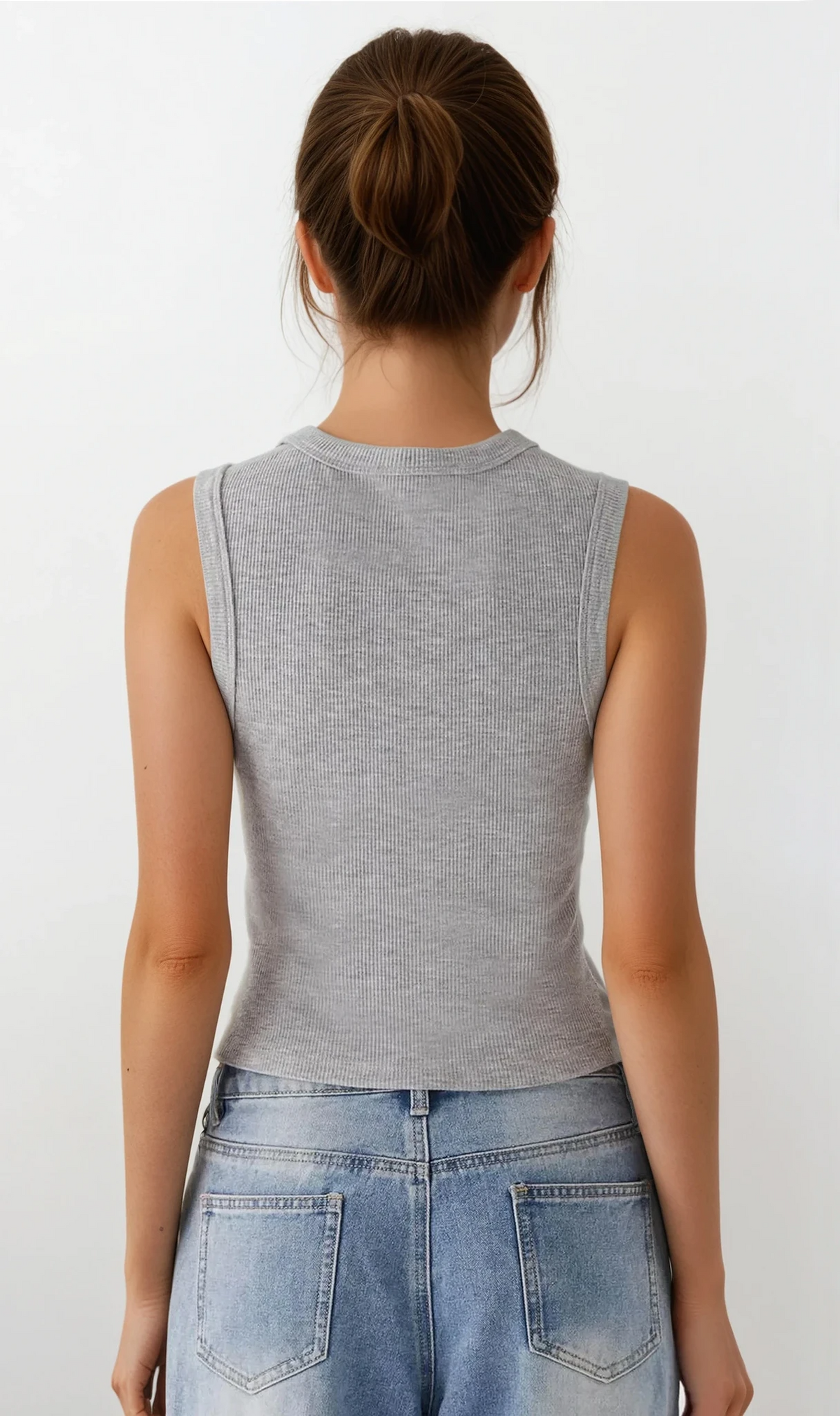 rib-knit round neck sleeveless button-up tank top