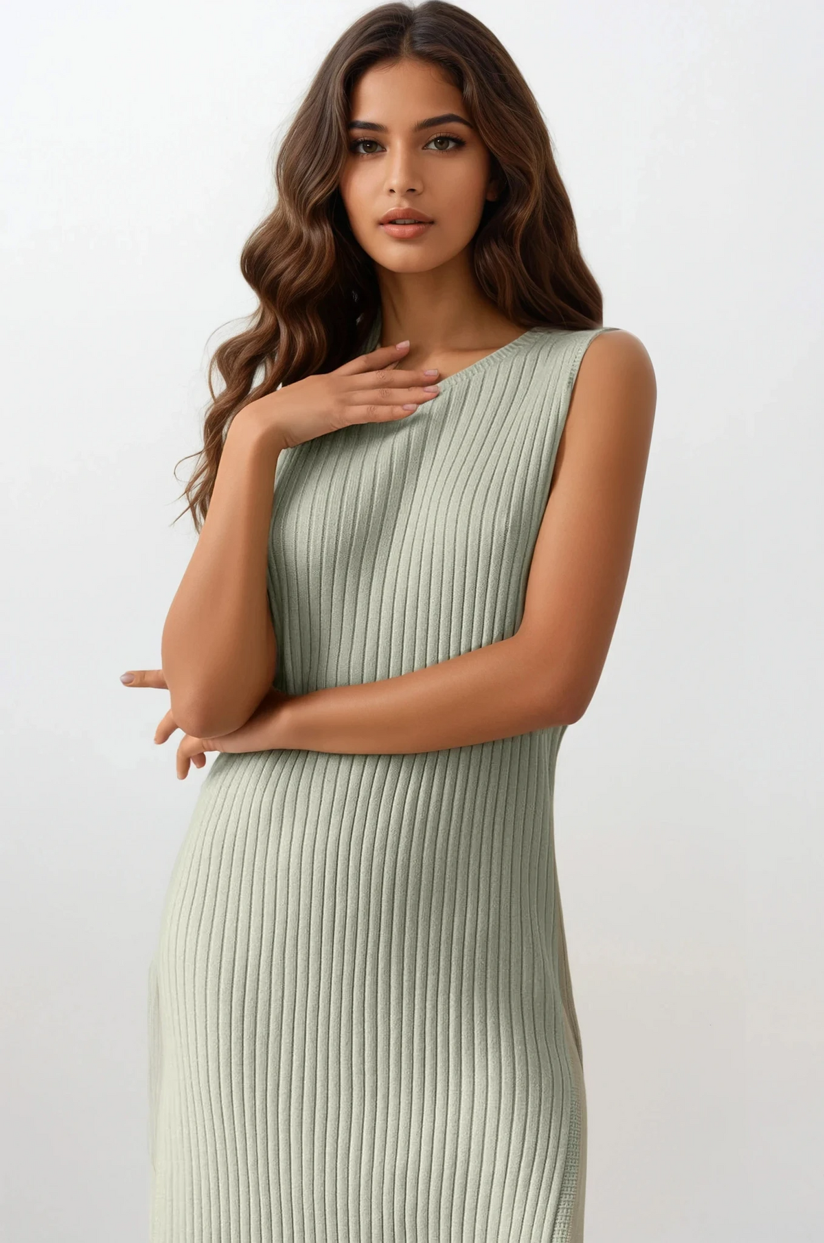 Sleeveless rib-knit midi dress with leg slit and round neck