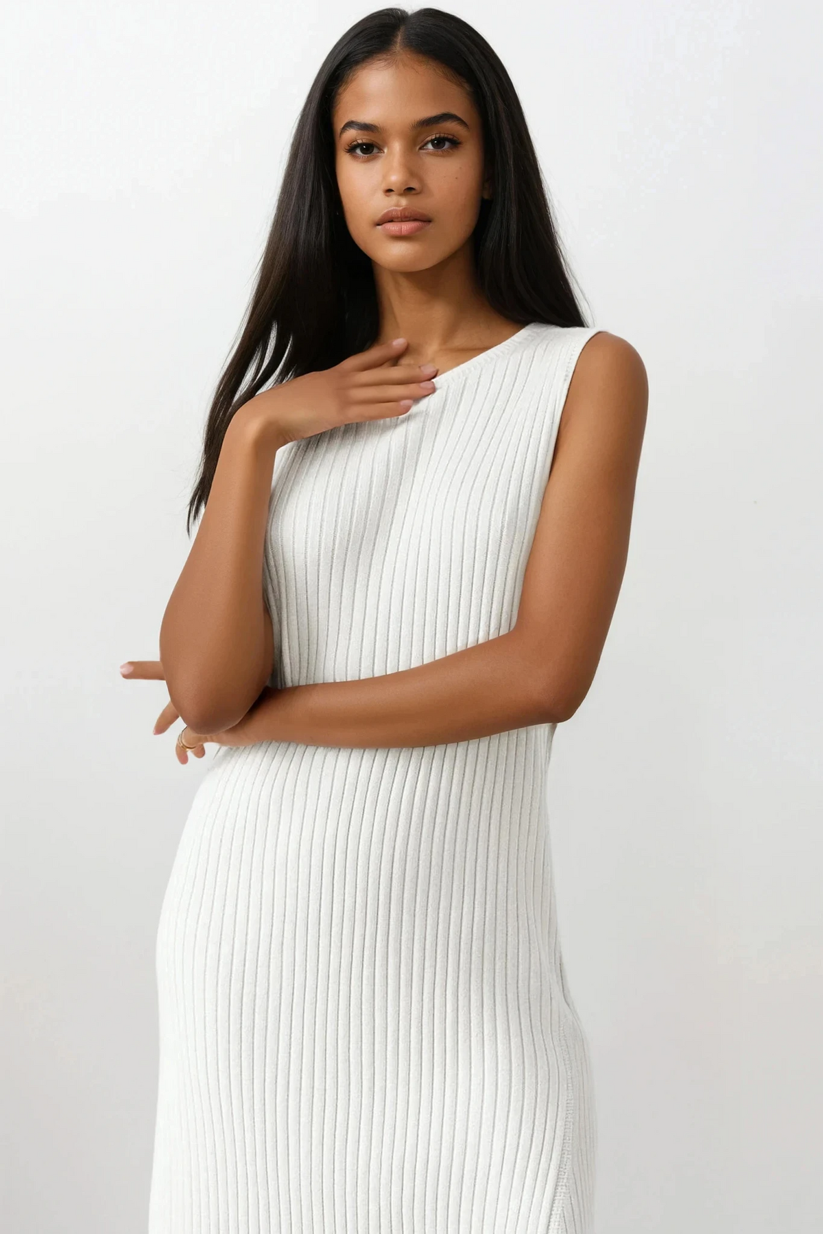 Rib-knit sleeveless midi dress with leg slit and round neck