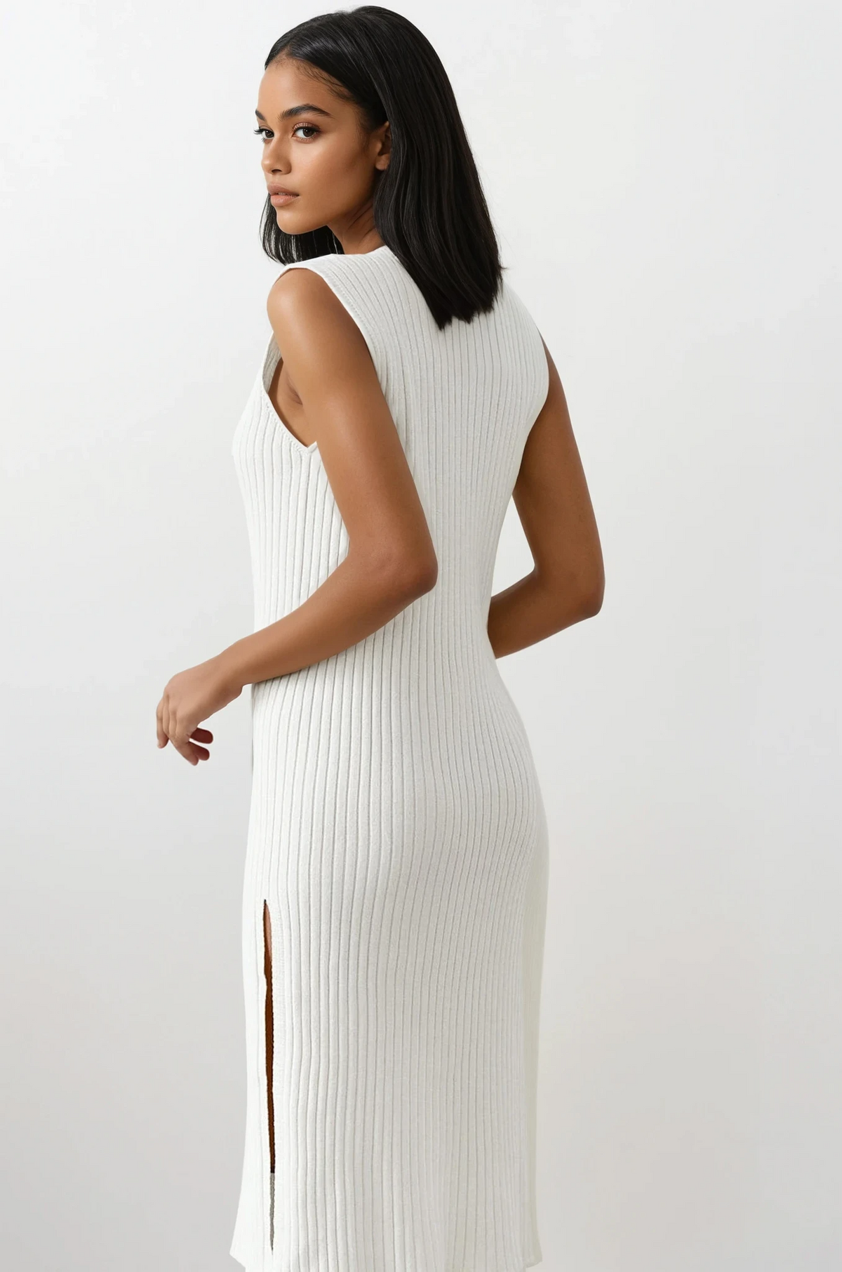 rib-knit slit sleeveless midi sweater dress with round neck