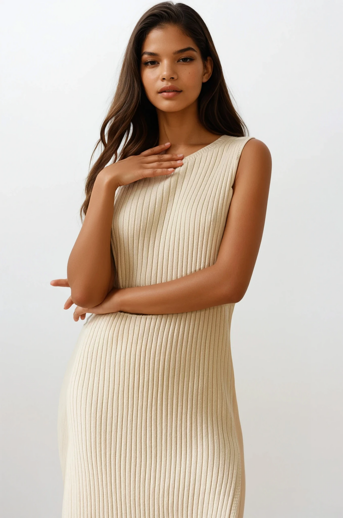 Sleeveless rib-knit midi dress with leg slit and round neck