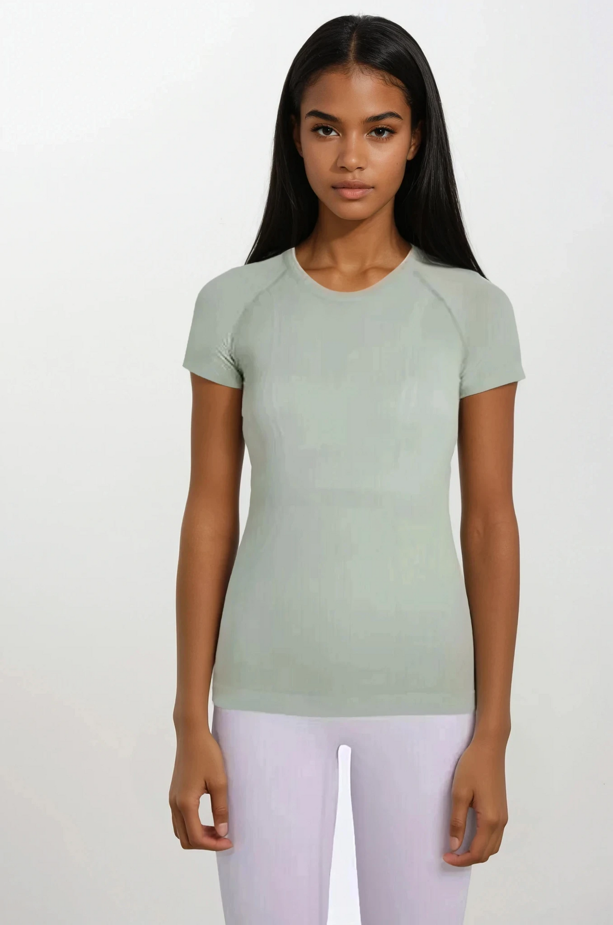 Simple round neck short sleeve nylon top in solid color