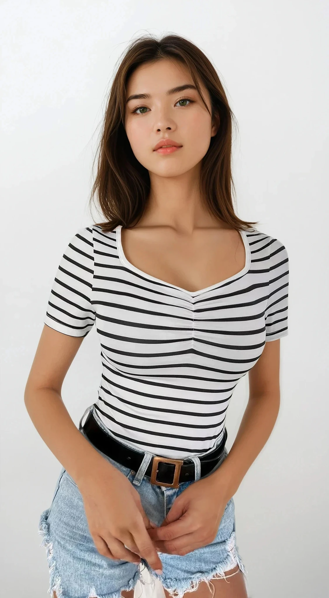 Seaside striped V-neck short sleeve t-shirt with side ruching