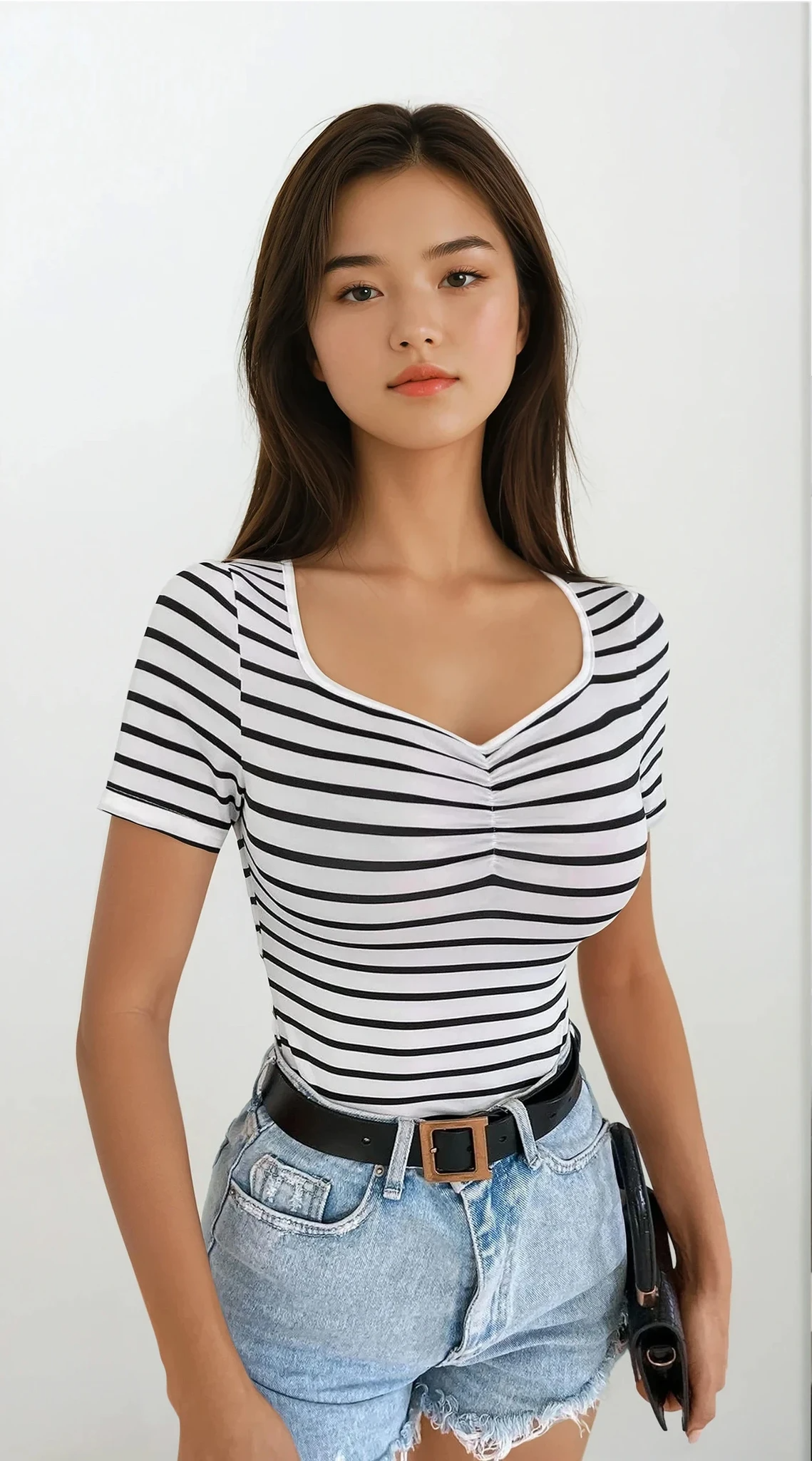 Seaside striped v-neck short sleeve t-shirt with ruching