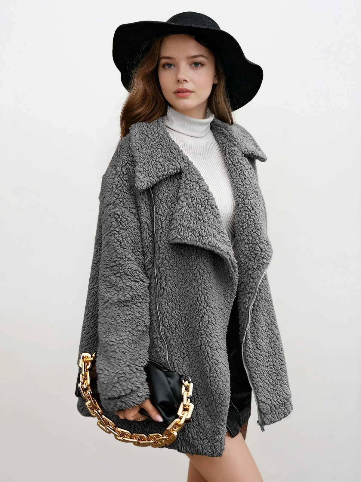 Sherpa full zip collared neck dropped shoulder jacket
