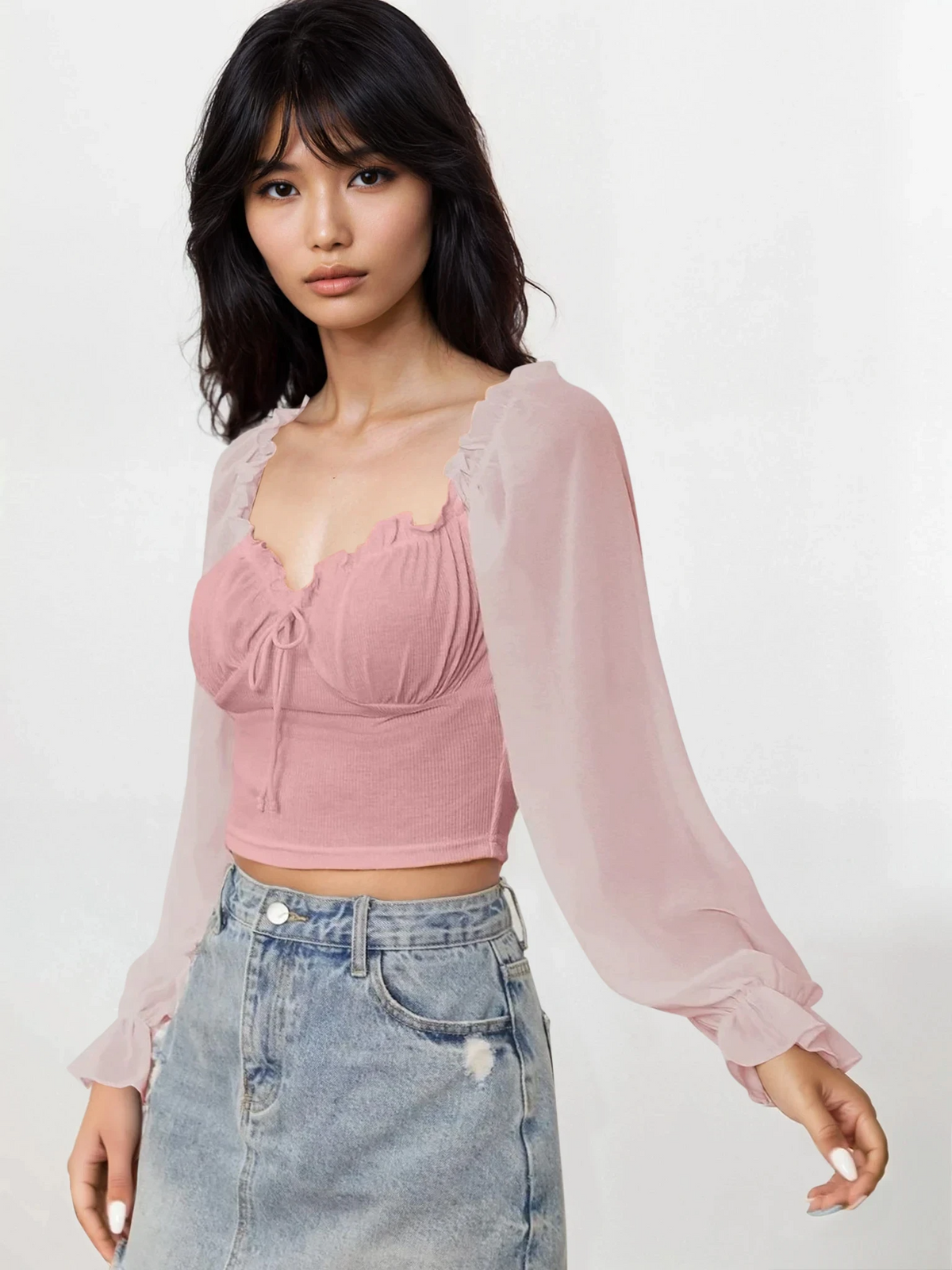Sweetheart neck flounce sleeve top with adjustable tie-front and ruffles
