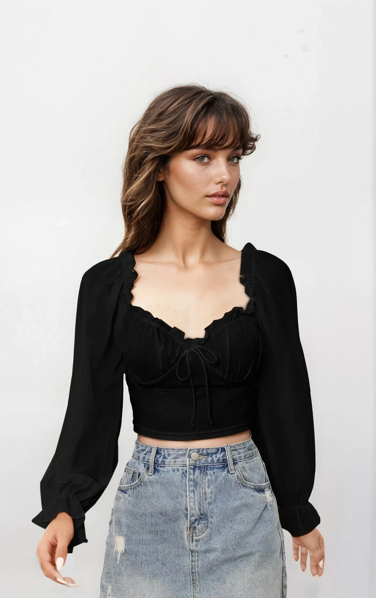 Sweetheart neck flounce sleeve top with adjustable tie-front and ruffles