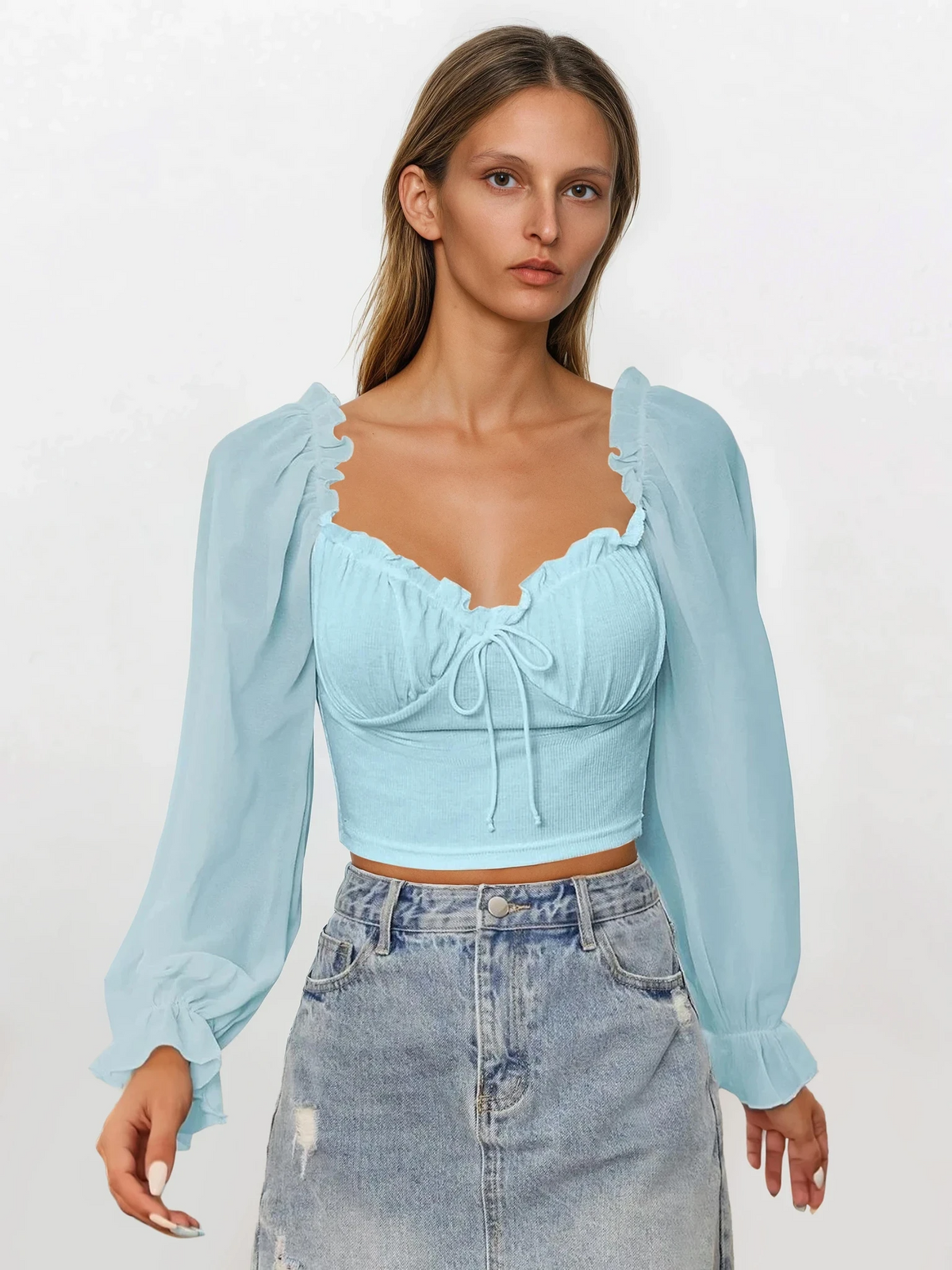 Sweetheart neck flounce sleeve top with adjustable tie-front and ruffles