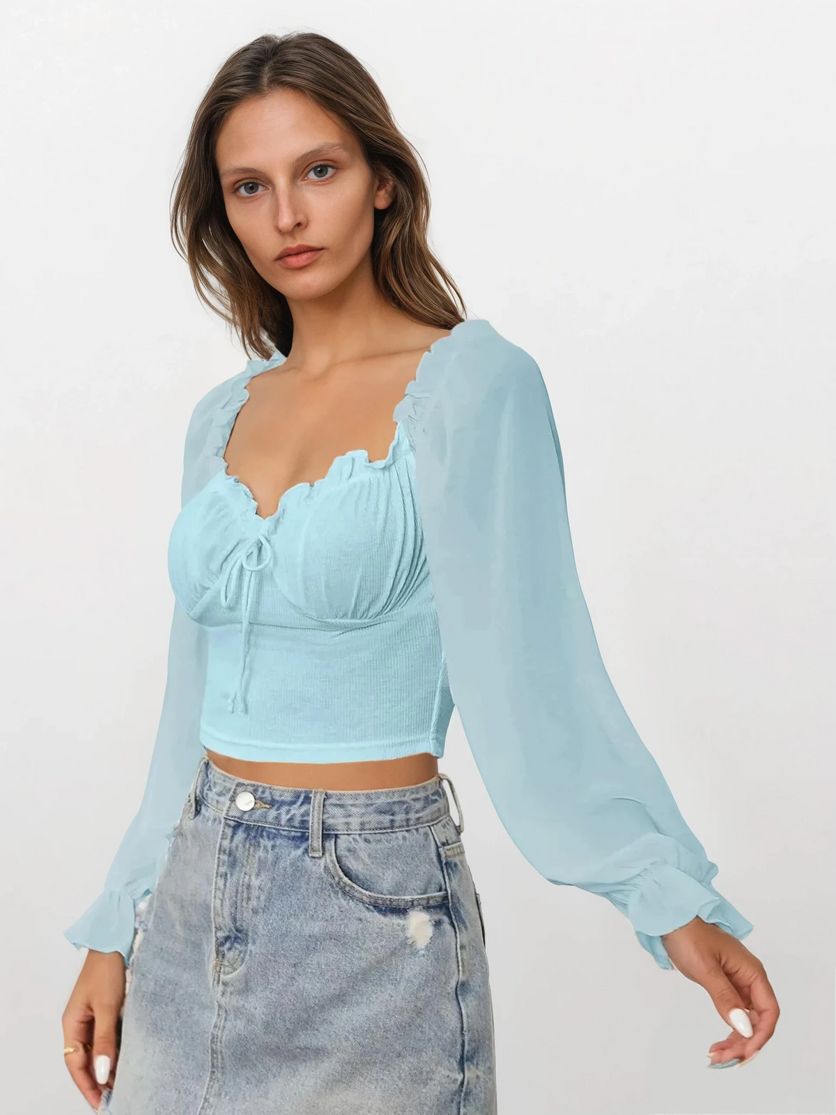 Sweetheart neck flounce sleeve top with adjustable tie-front and ruffles