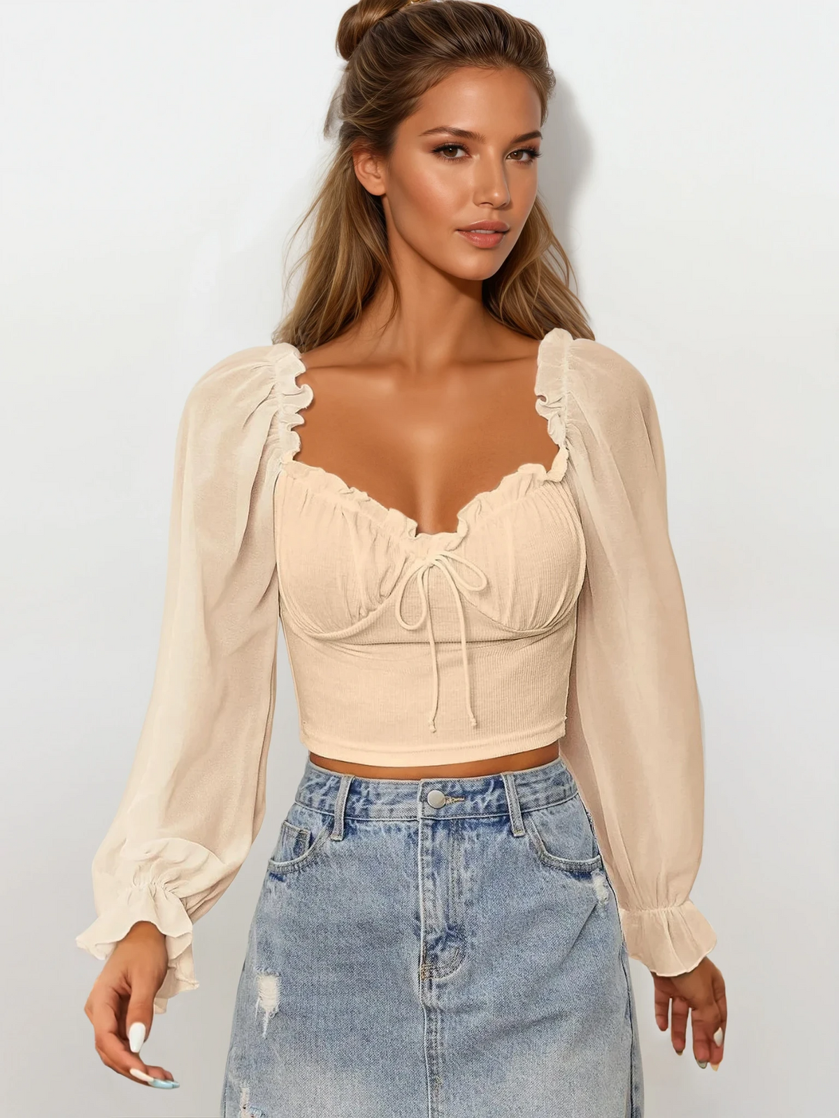 Simplicity sweetheart neck flounce sleeve top with adjustable tie-front and ruffles