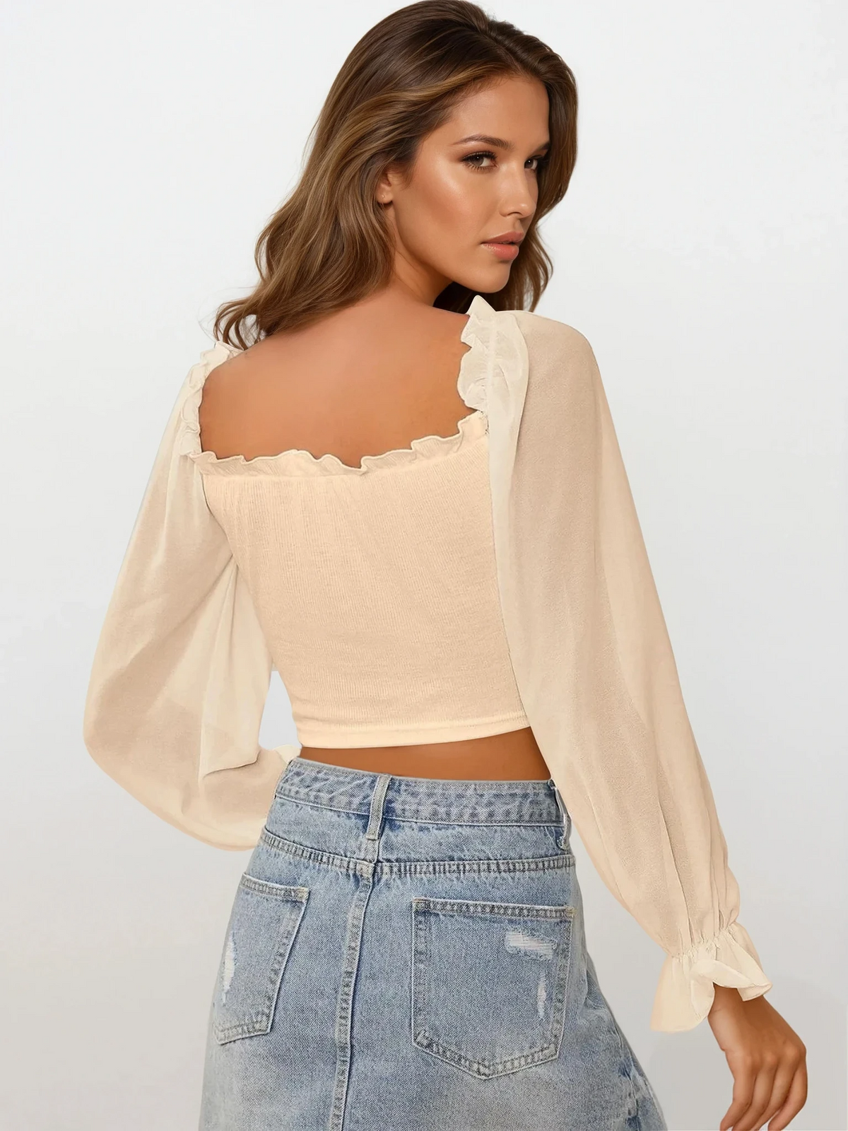 Sweetheart neck flounce sleeve top with adjustable tie-front and ruffles