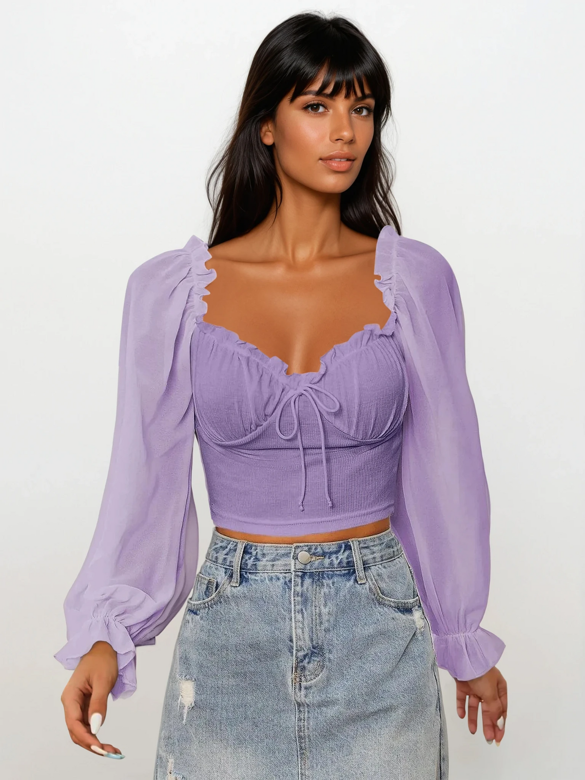 Sweetheart neck flounce sleeve top with adjustable tie-front and ruffles