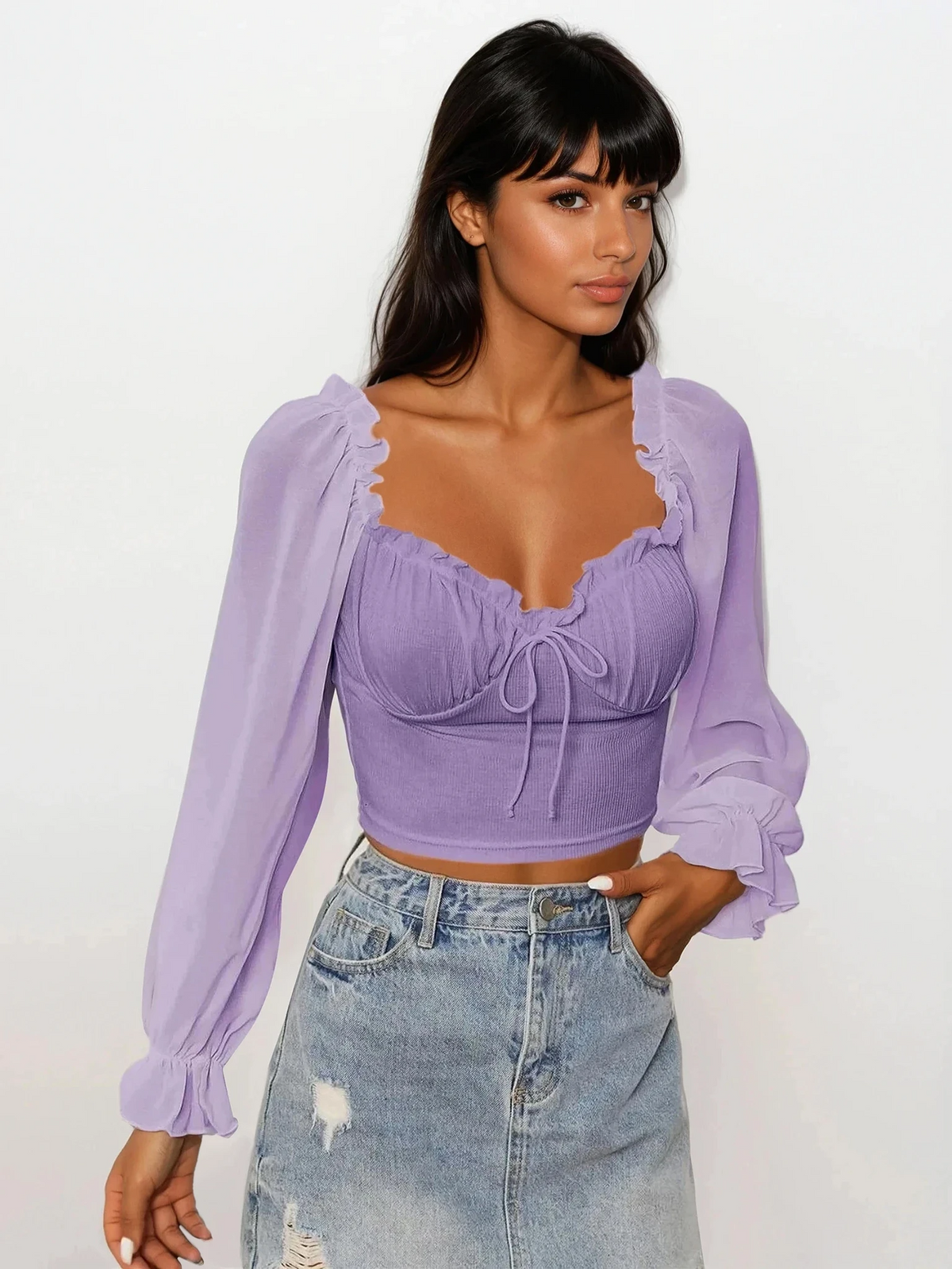 Sweetheart neck flounce sleeve top with adjustable tie-front and ruffles