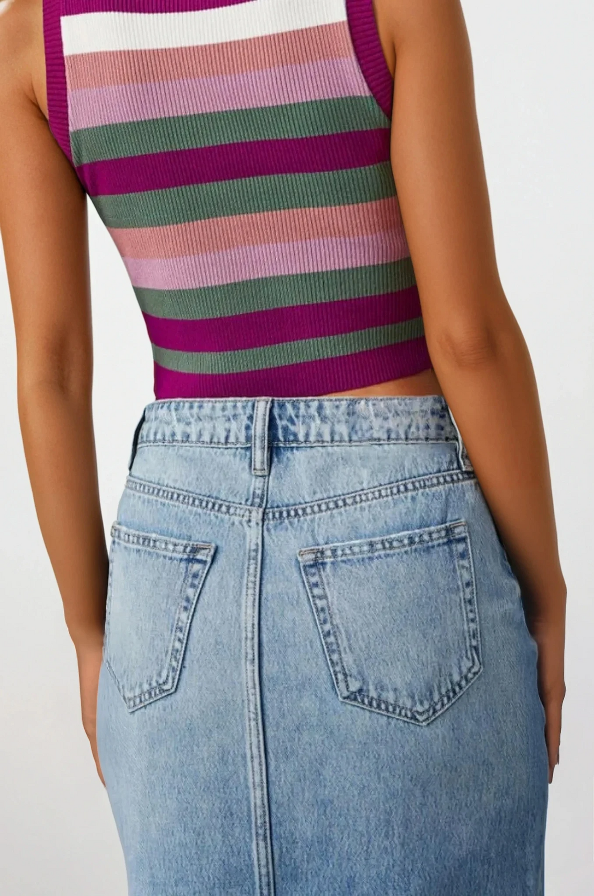 Denim midi skirt with slit and raw hem detail