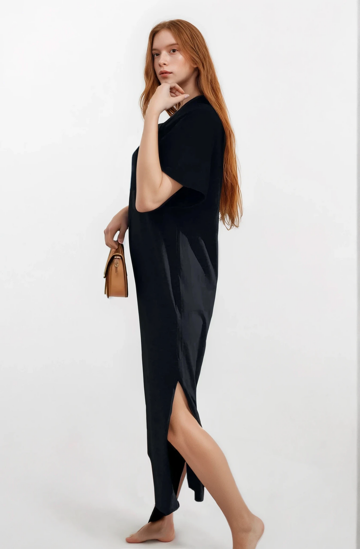 Black slit t-shirt maxi dress with round neck and half sleeves