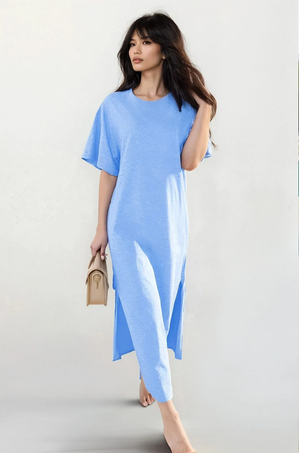 Black slit t-shirt maxi dress with round neck and half sleeves
