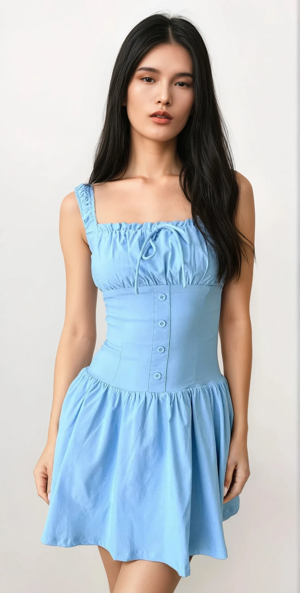 Sweetheart square neck cami dress with ruched detail and buttons