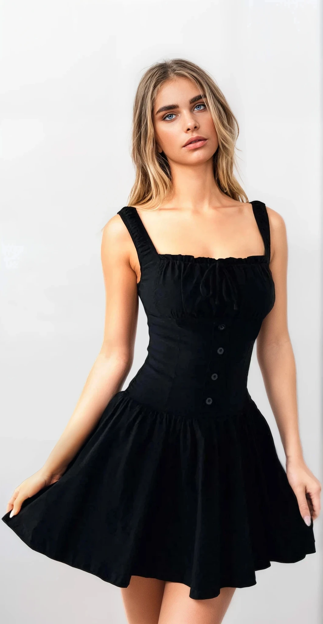 Sweetheart square neck cami dress with buttons and ruched texture