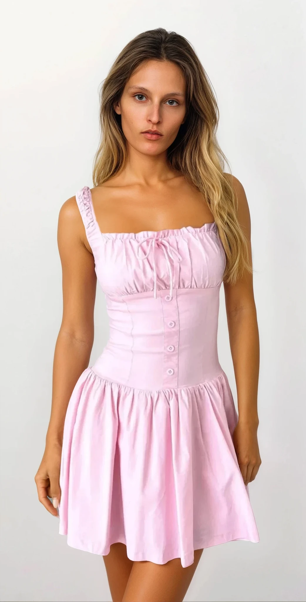 Sweetheart square neck cami dress with buttons and ruched detail