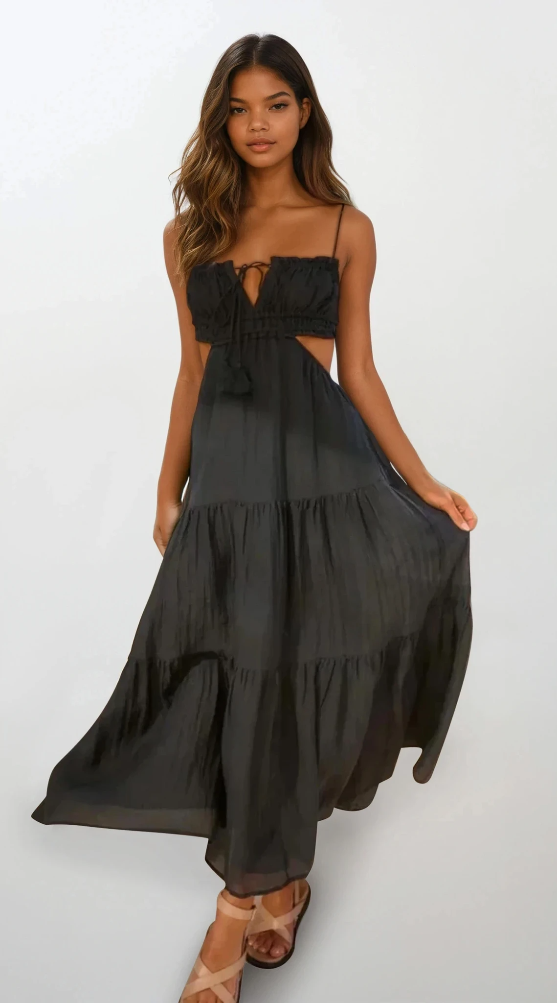 Cutout square neck ruched cami midi dress in solid color