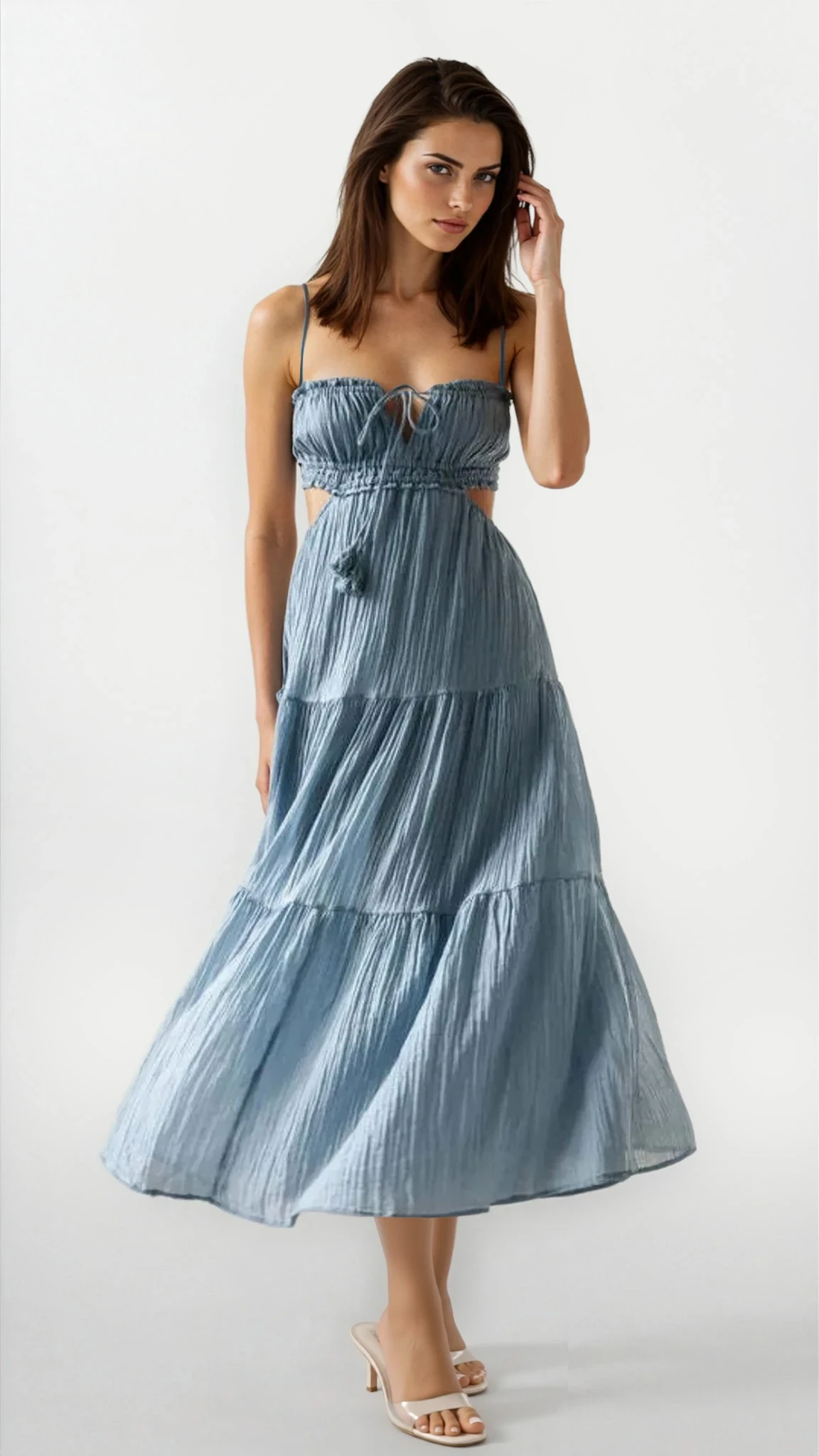 cutout square neck ruched cami midi dress on mannequin