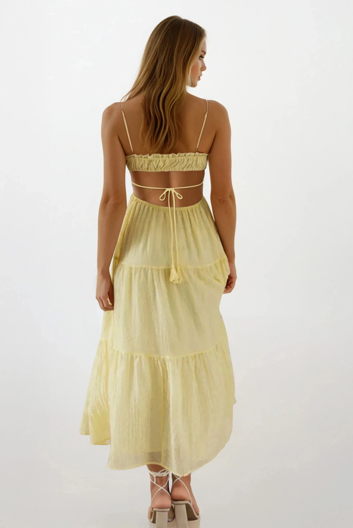 Cutout square neck ruched cami midi dress with back cutout and sleeveless design