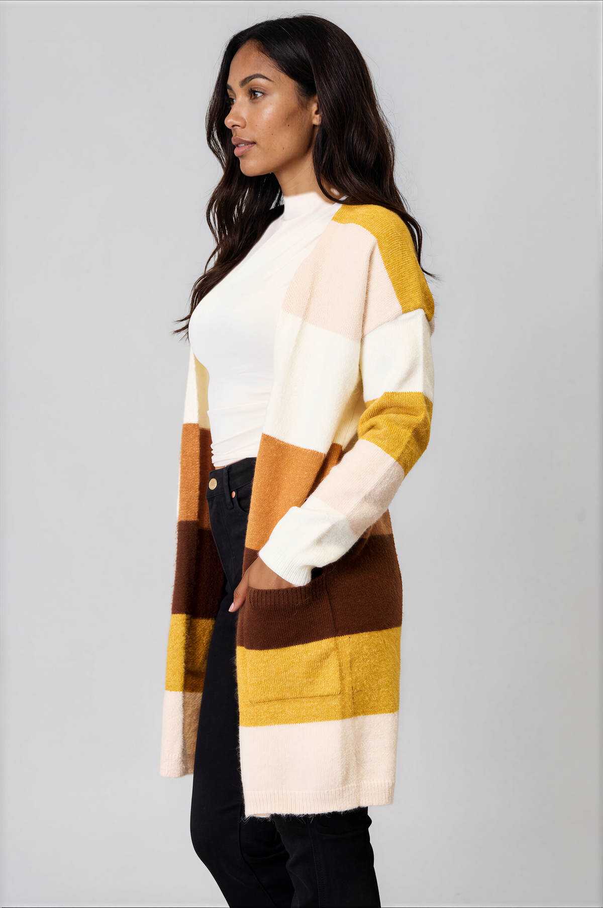 Stack Open Front Dropped Shoulder Cardigan in cream, mustard yellow, and brown color-block knit with long sleeves and open front