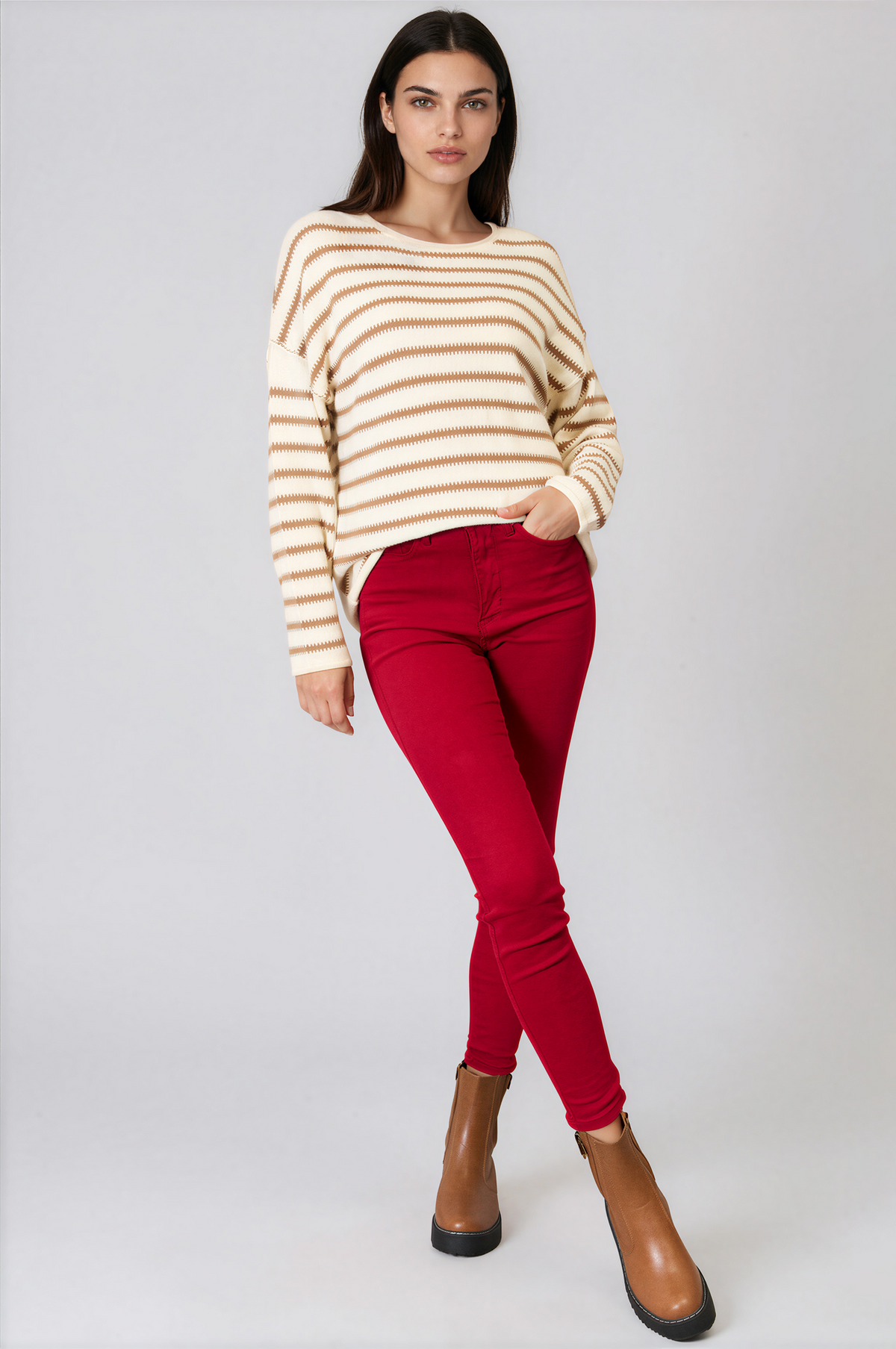 Striped Boat Neck Long Sleeve Sweater in cream with tan horizontal stripes, a wide neckline and exposed seams