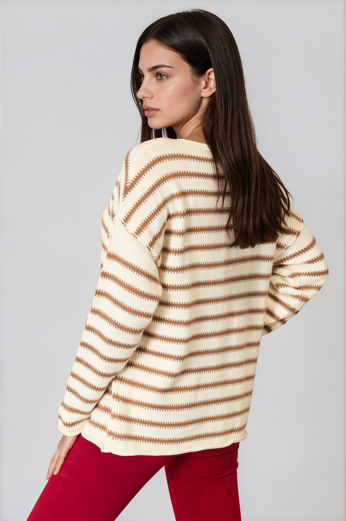 Striped Boat Neck Long Sleeve Sweater in cream with tan horizontal stripes, a knit texture, and exposed seams