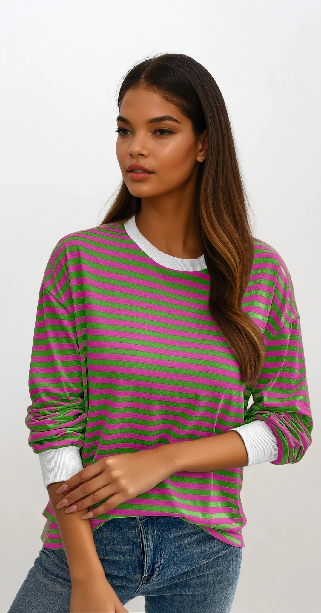 Striped crew neck pullover with lightweight stretch material