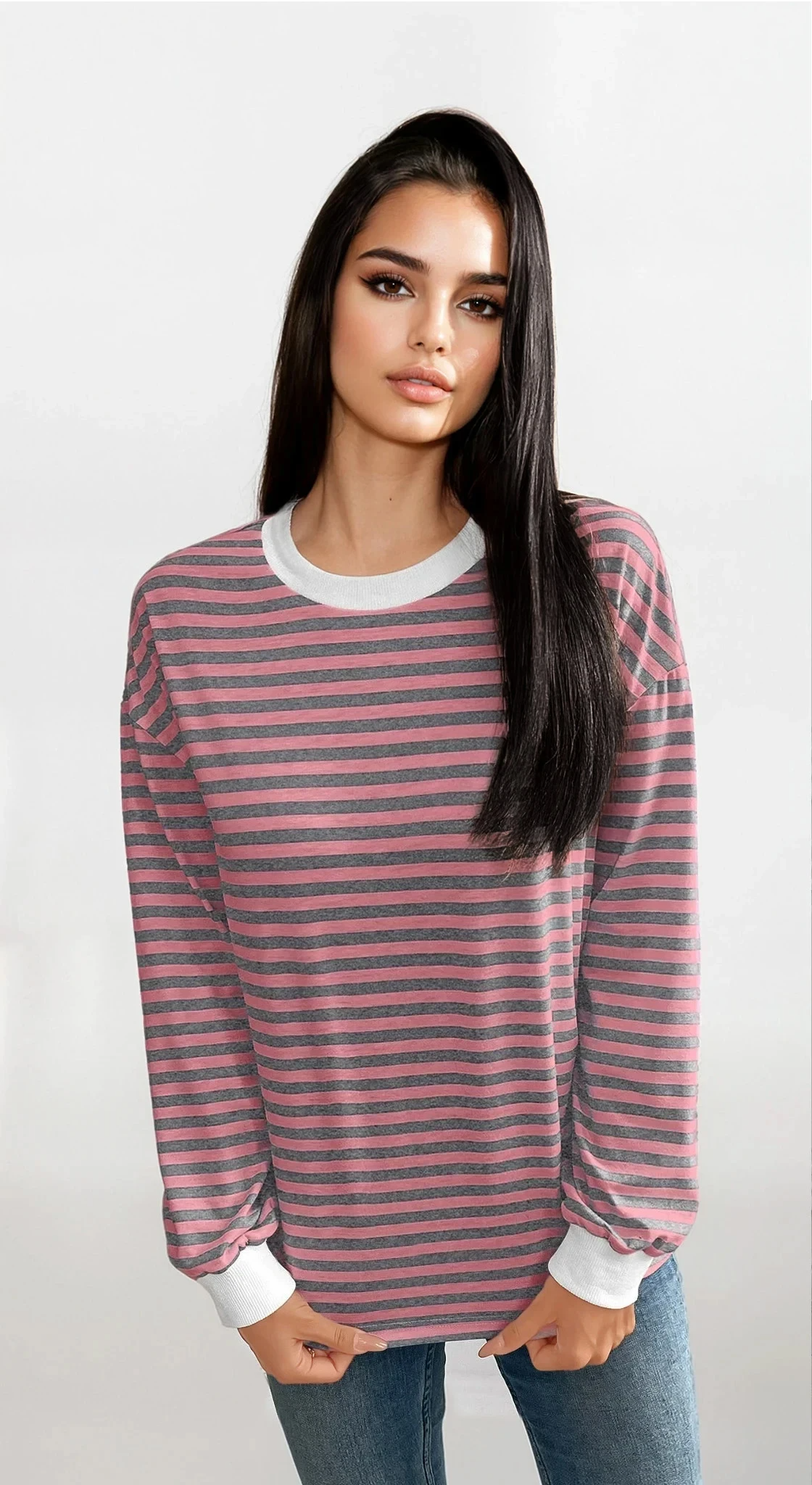 Lightweight striped crew neck pullover with slight stretch for versatile layering